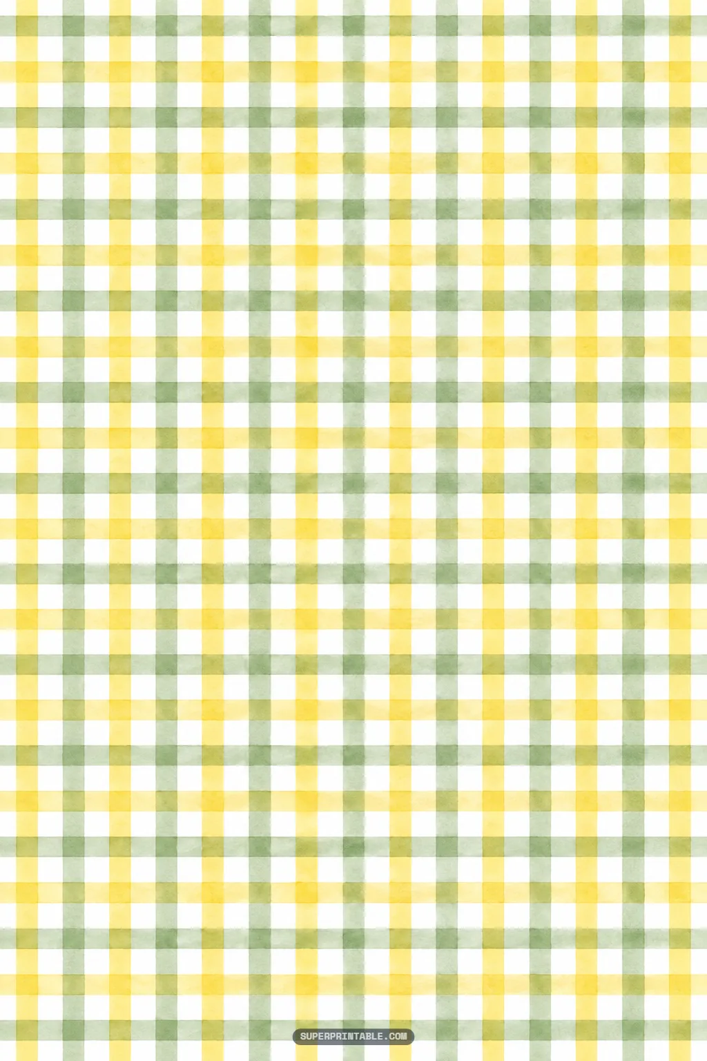Hand-painted gingham check pattern with overlapping watercolor bands in yellow and sage green