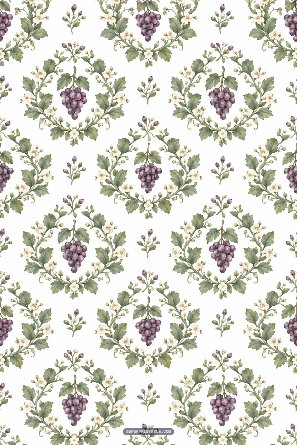 Grape vineyard digital paper featuring purple grape clusters nestled inside watercolor vine leaf wreaths.