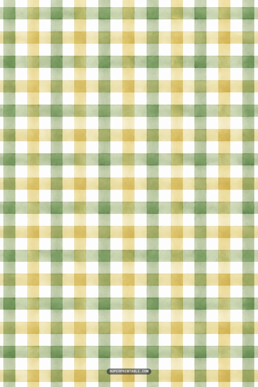 Classic watercolor gingham plaid pattern in translucent washes of earthy green and warm buttery yellow.