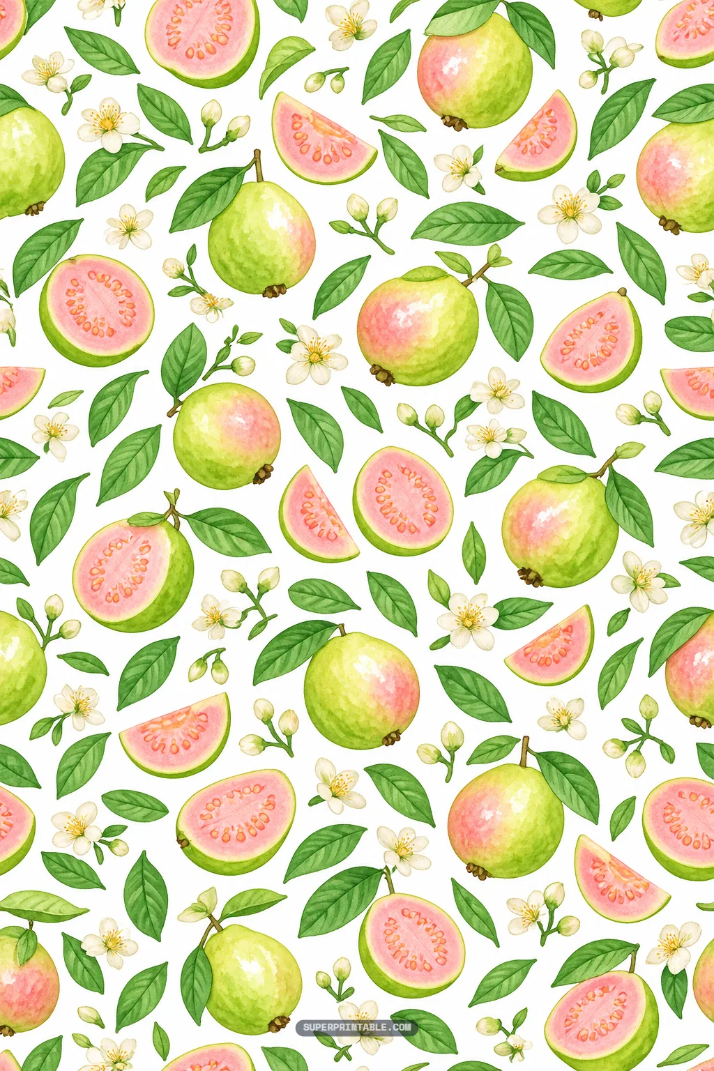 Scattered watercolor whole guavas, pink fruit slices, and delicate white blossoms