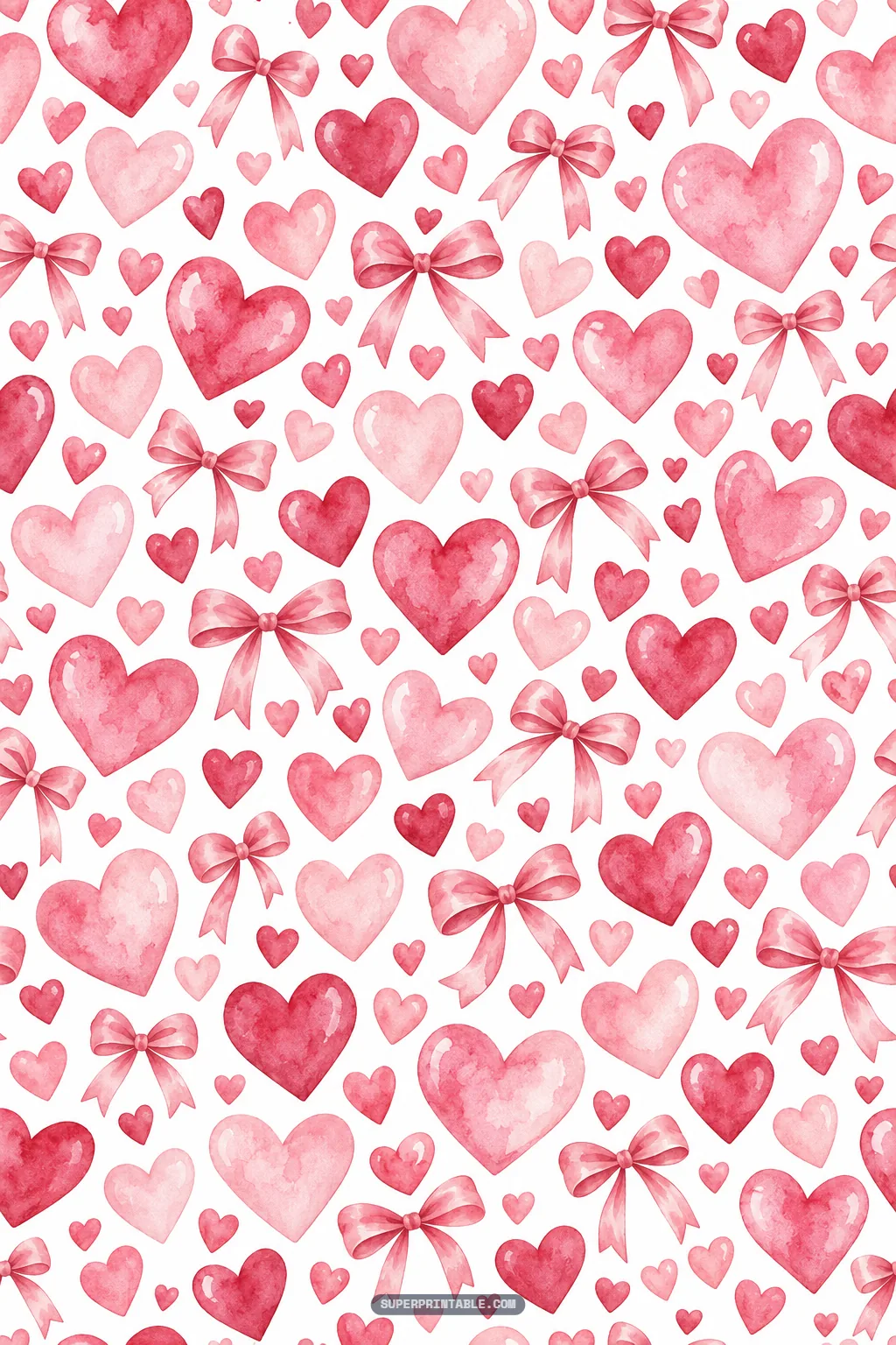 Valentines day digital papers sheet featuring watercolor pink hearts and tied satin bows