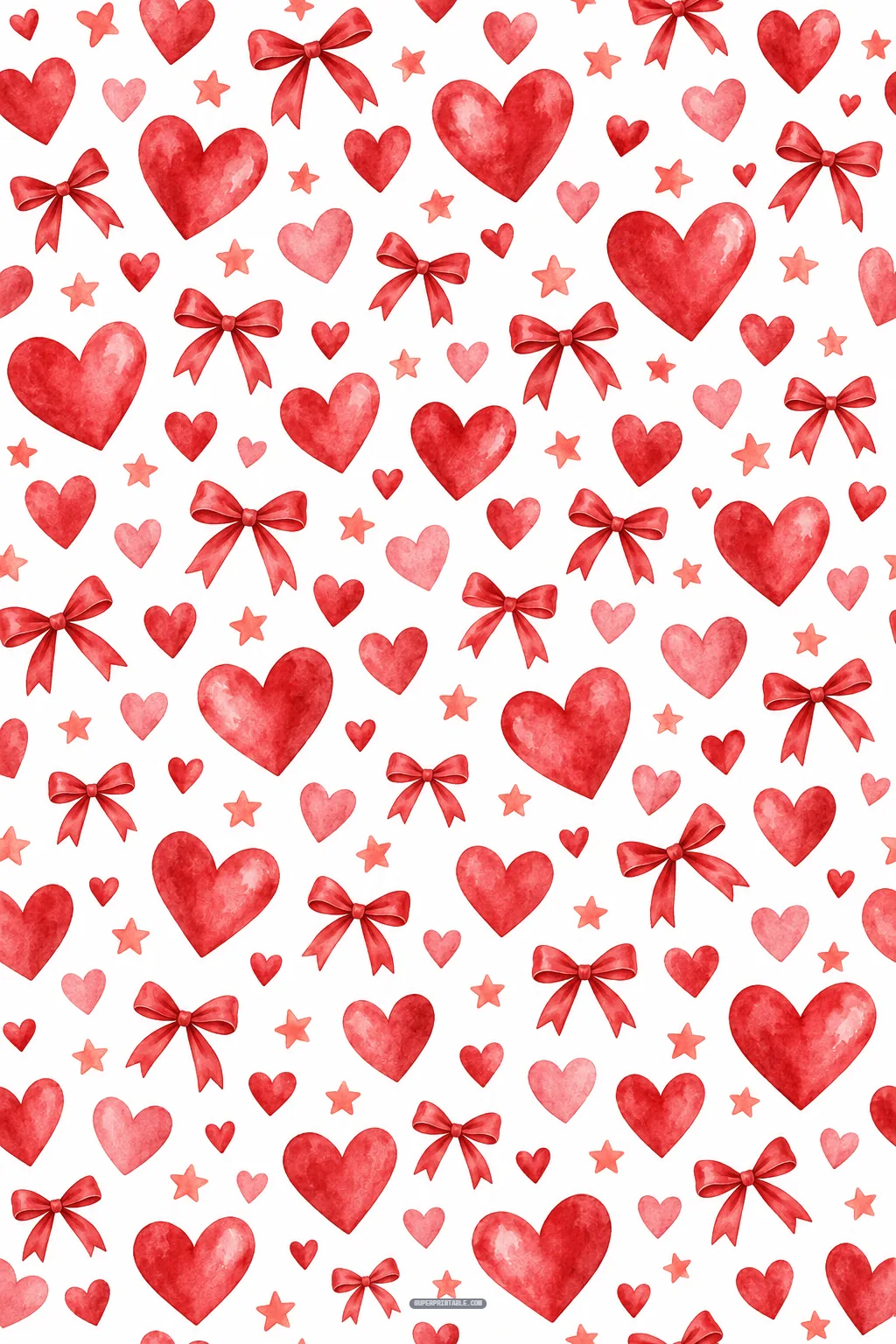 Tossed red watercolor hearts, charming ribbon bows, and soft star illustrations