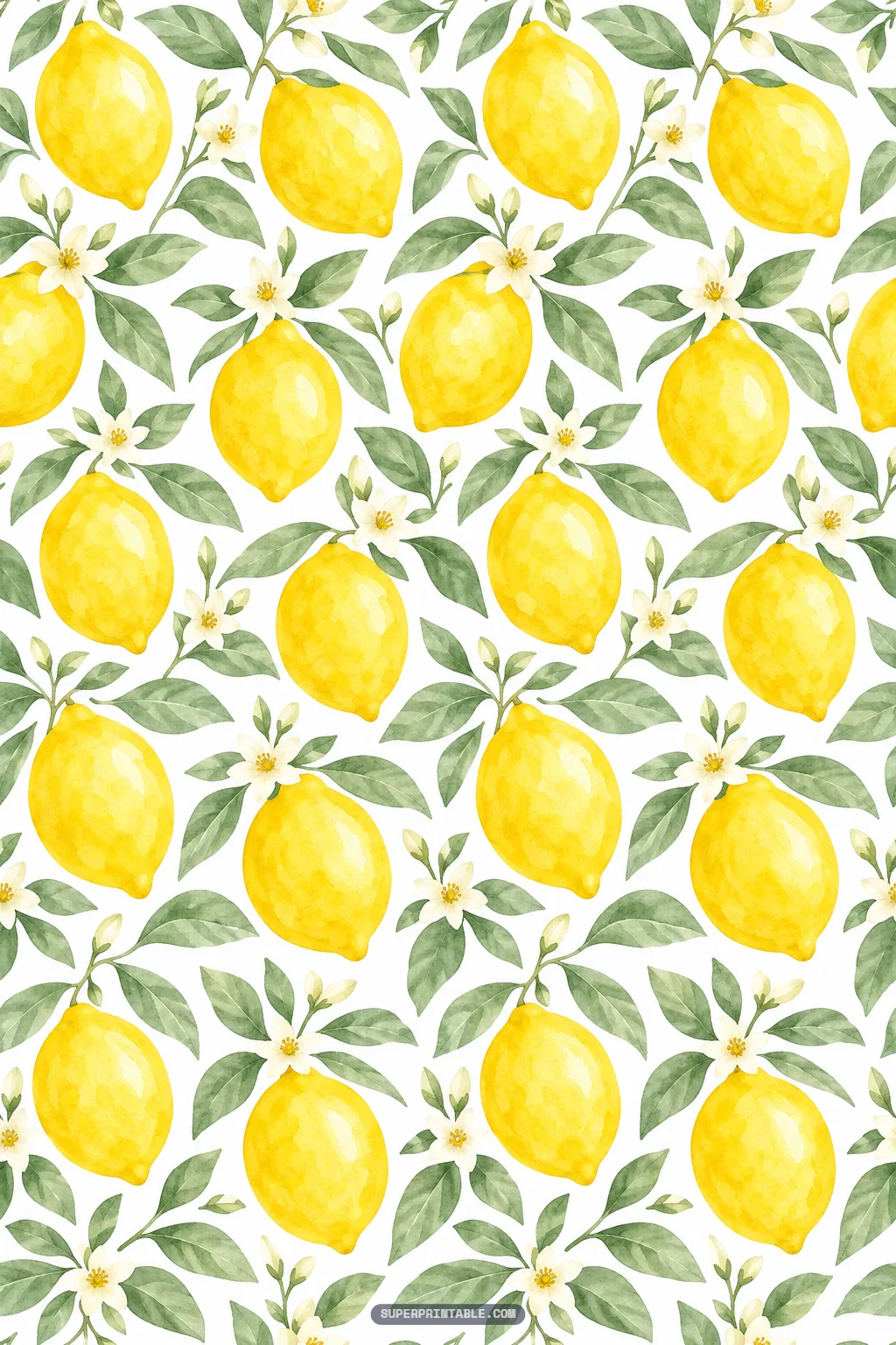 Dense seamless pattern of ripe watercolor lemons among deep green leaves and tiny white buds