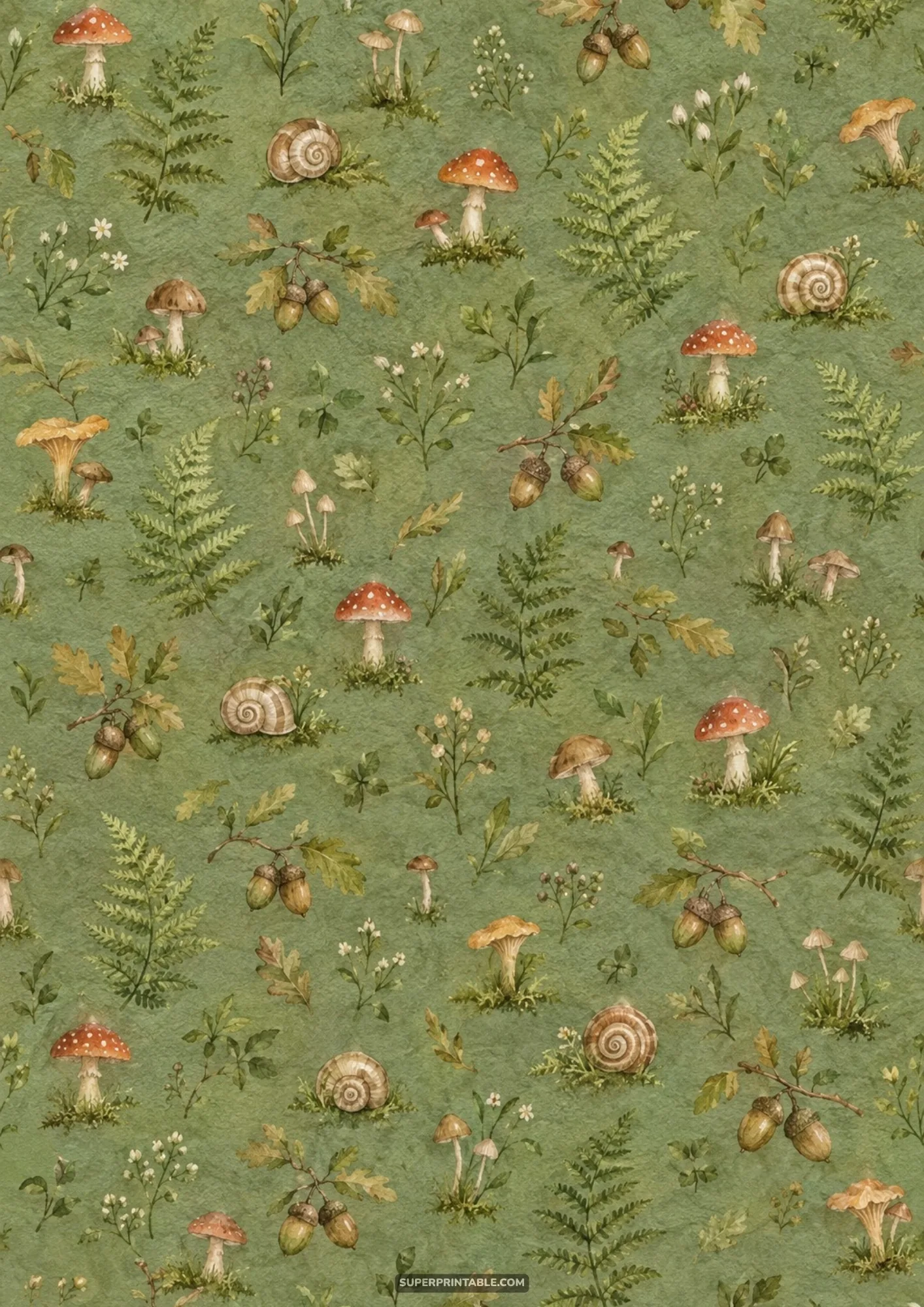 Watercolor pattern of red toadstools brown mushrooms snails acorns and fern leaves on sage paper