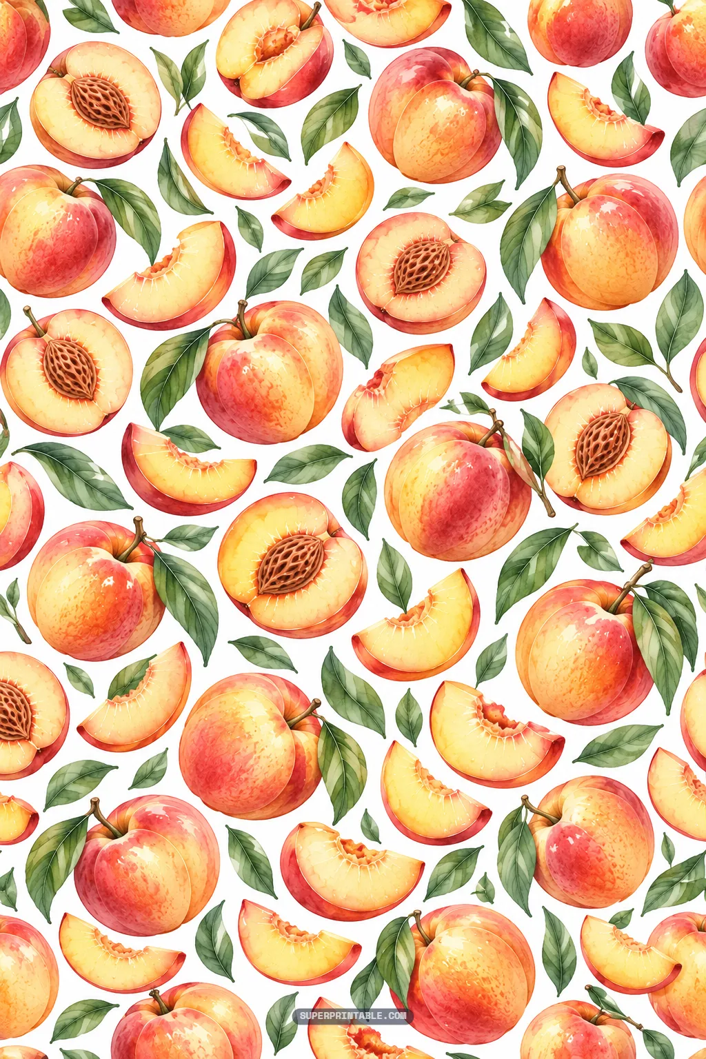 Vibrant watercolor pattern of ripe nectarines, cut halves with pits, fresh slices, and green leaves.