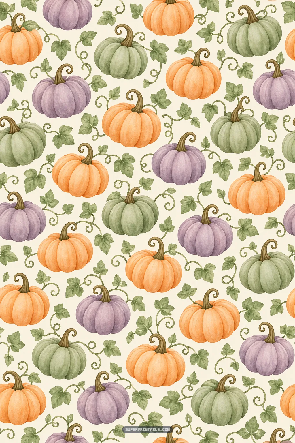 Watercolor pastel pumpkins in orange, sage green, and lilac purple with curling leafy vines