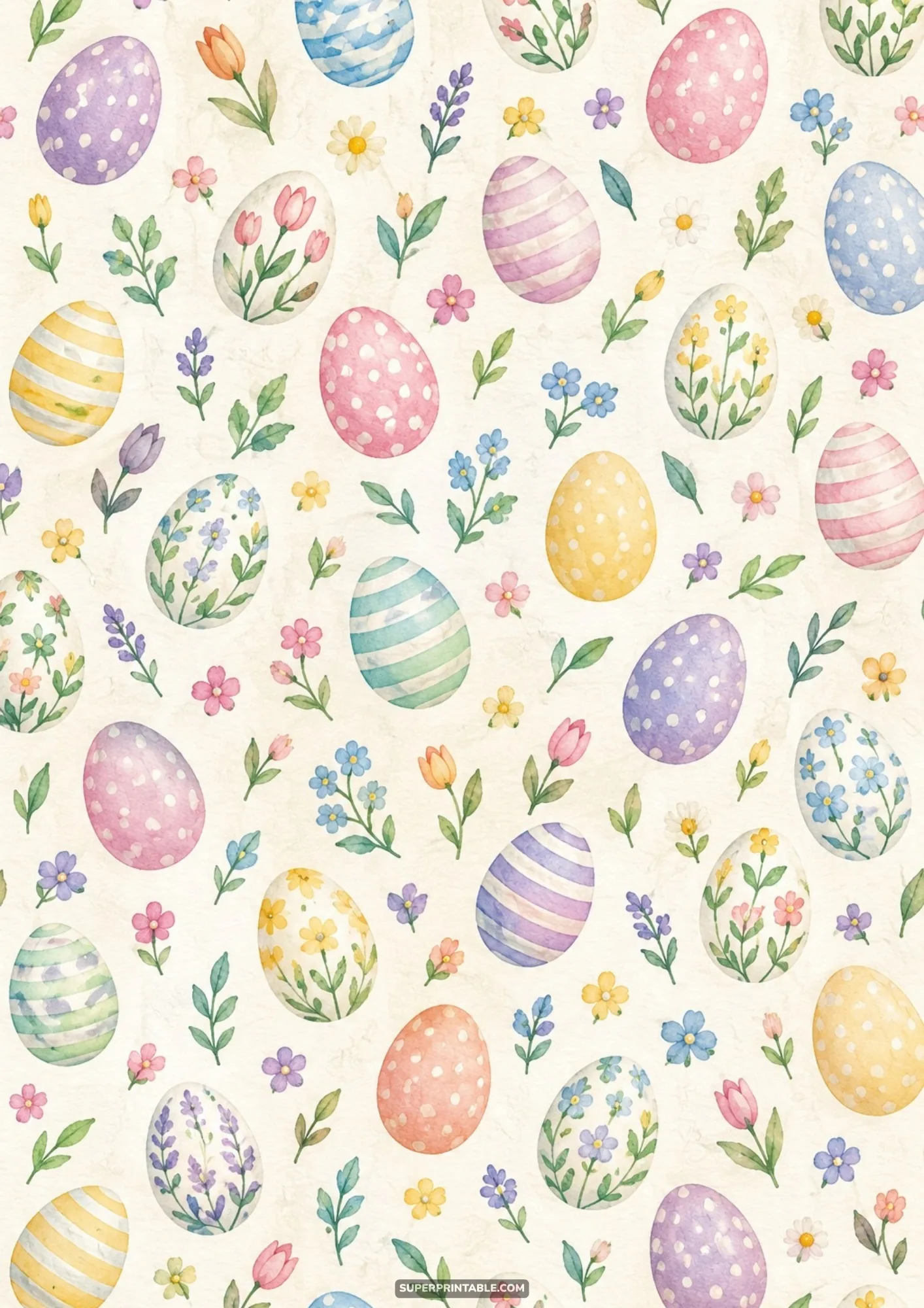 Scattered pastel watercolor Easter eggs with dots and stripes among floral sprigs