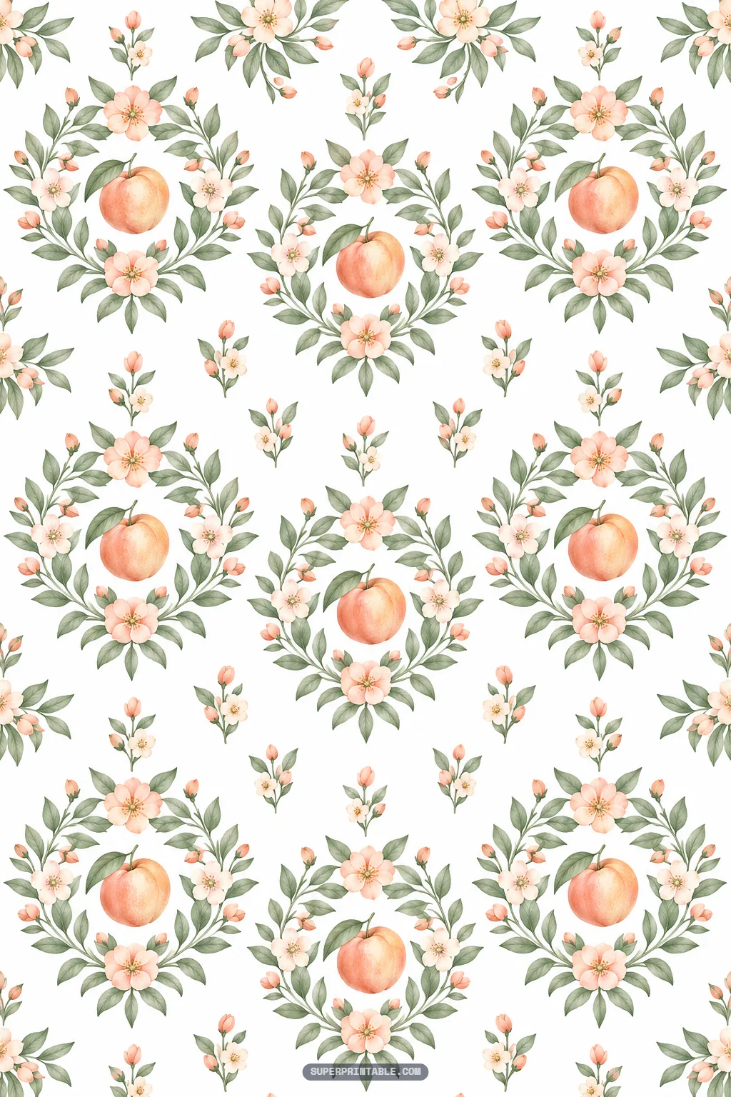 Watercolor peach wreaths with soft green foliage and pink blossoms on peach orchard digital paper