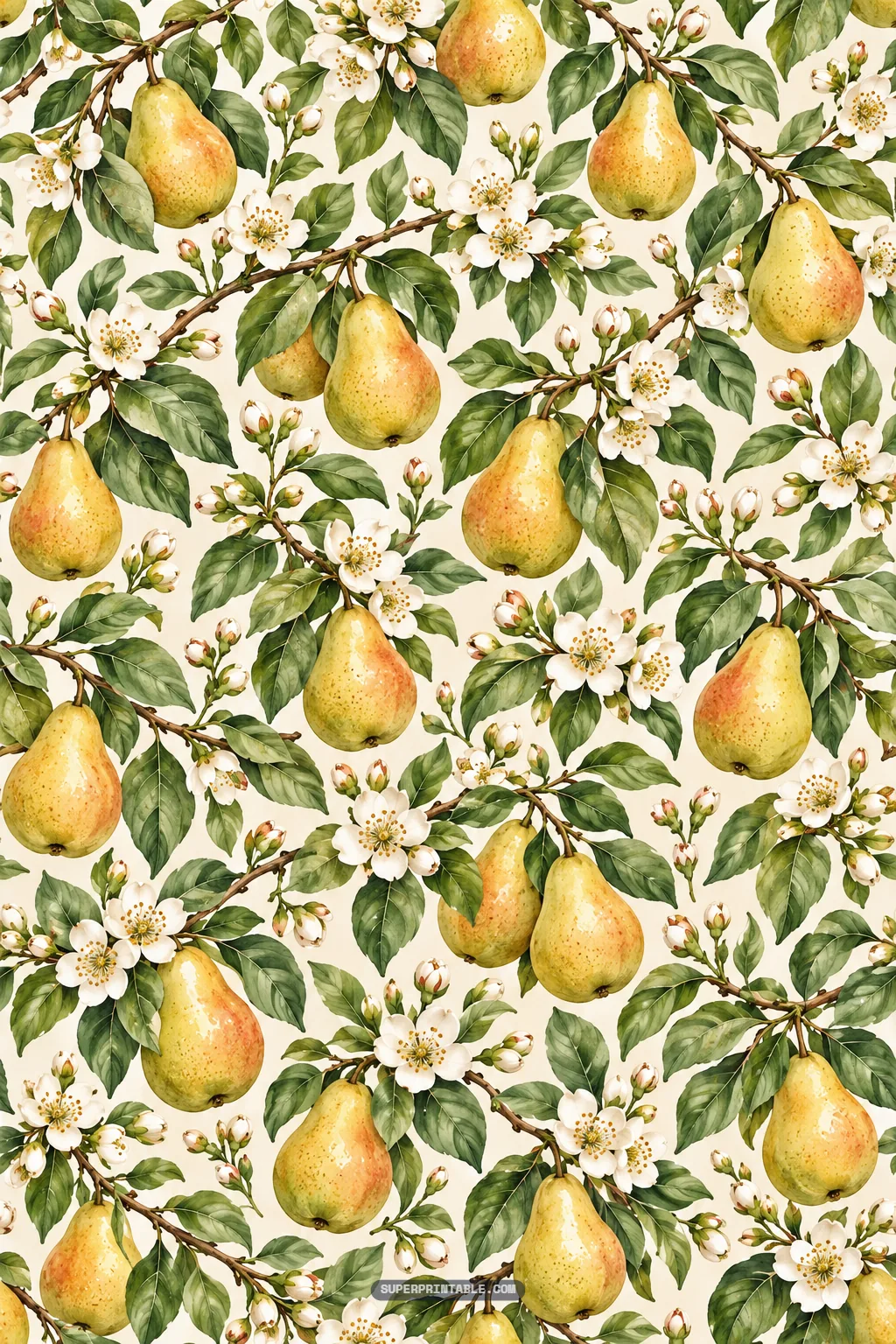Seamless watercolor pear orchard digital papers pattern featuring ripe hanging pears and white orchard blossoms.