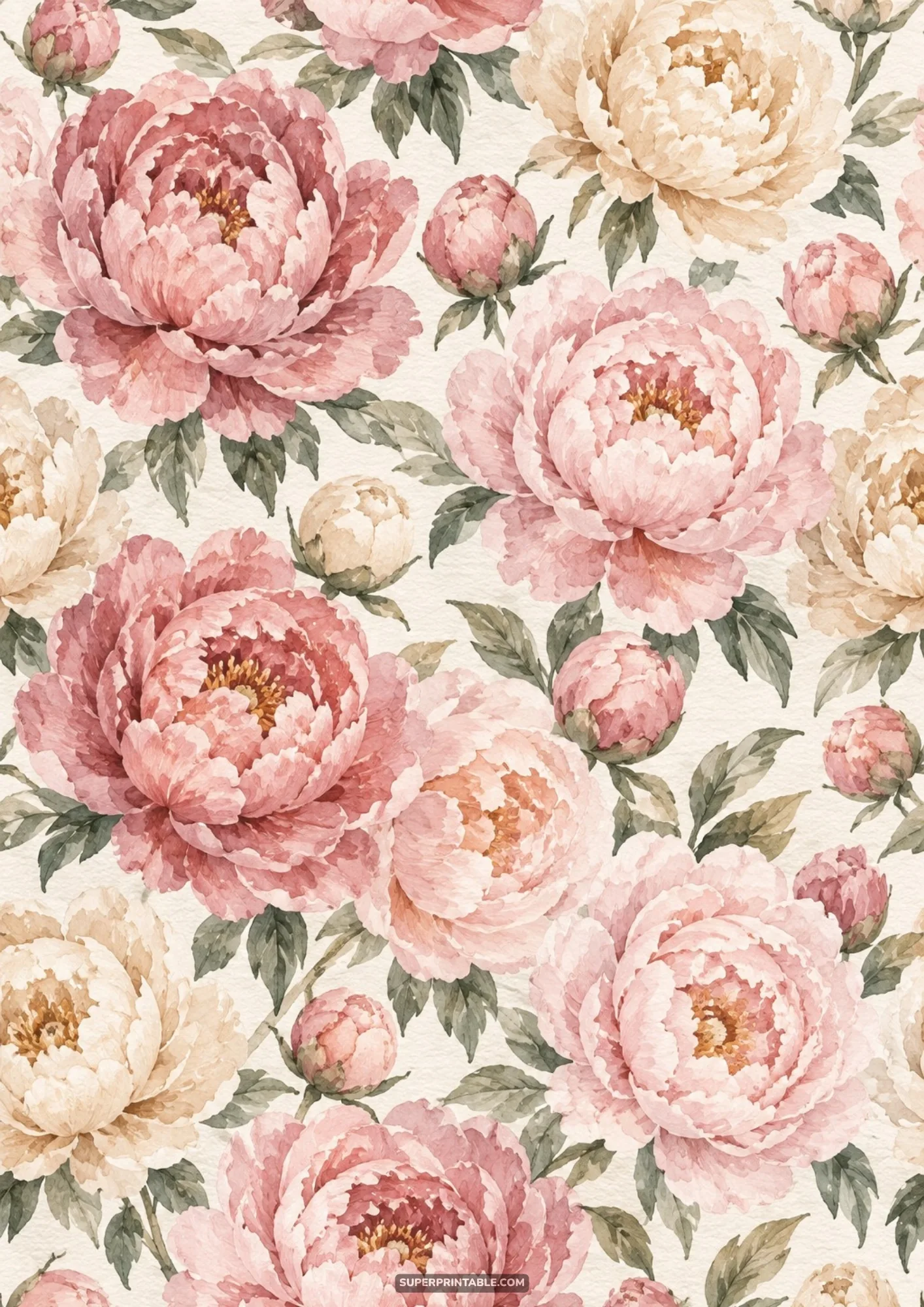 Elegant peony digital backgrounds featuring soft watercolor pink and cream peony floral pattern