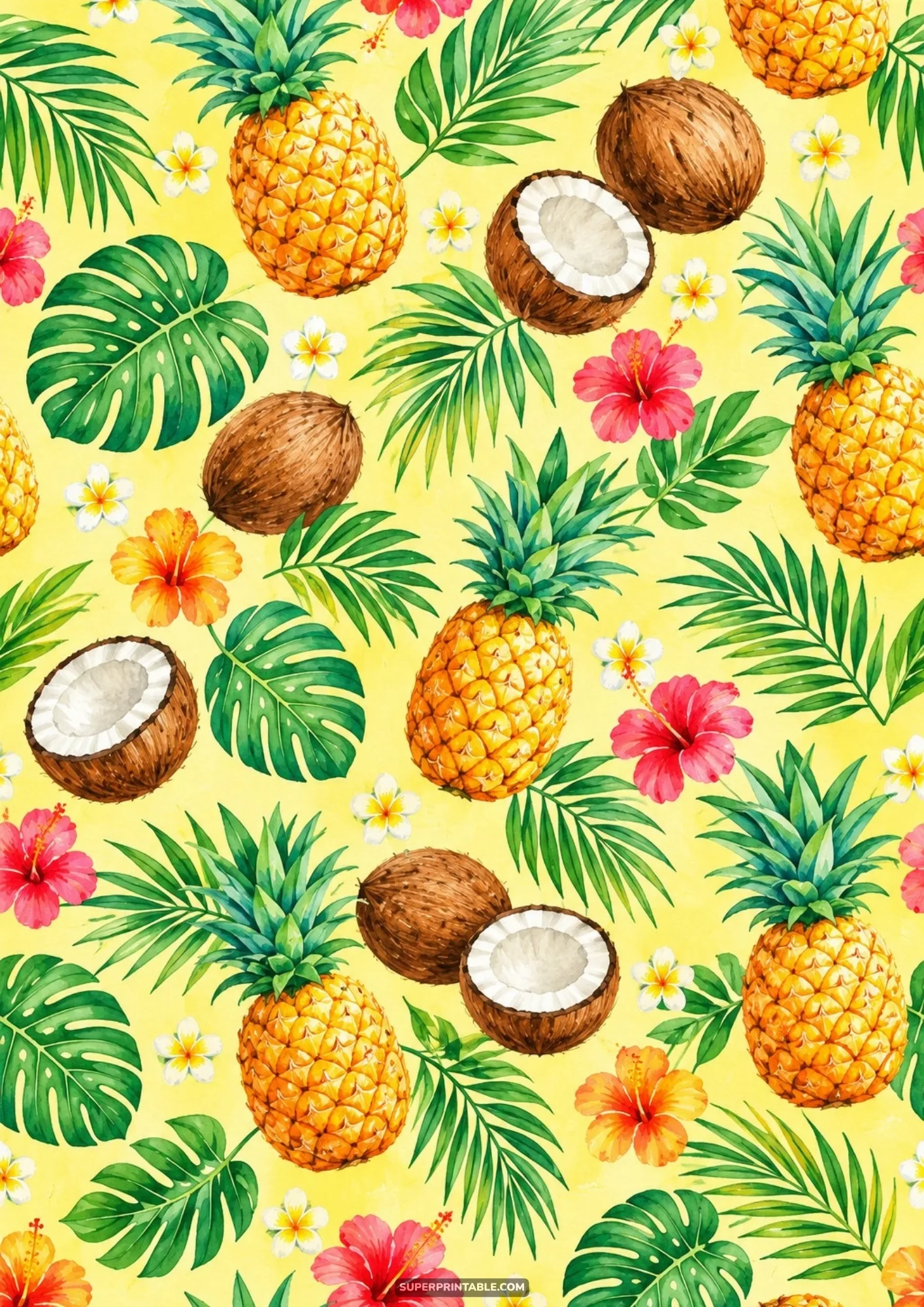 Seamless pattern of watercolor pineapples, coconuts, and tropical flowers