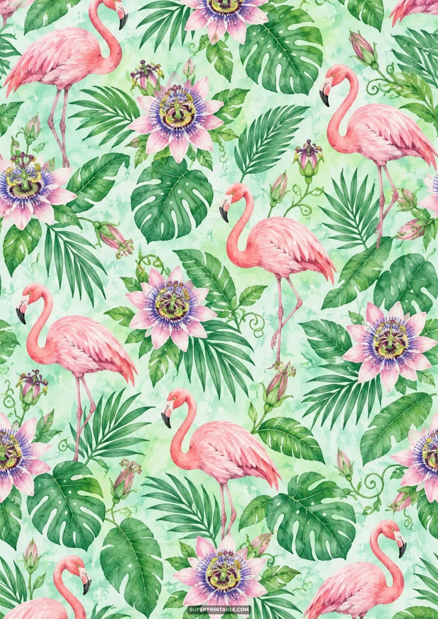 Pink flamingos standing among tropical passion flowers and palm foliage