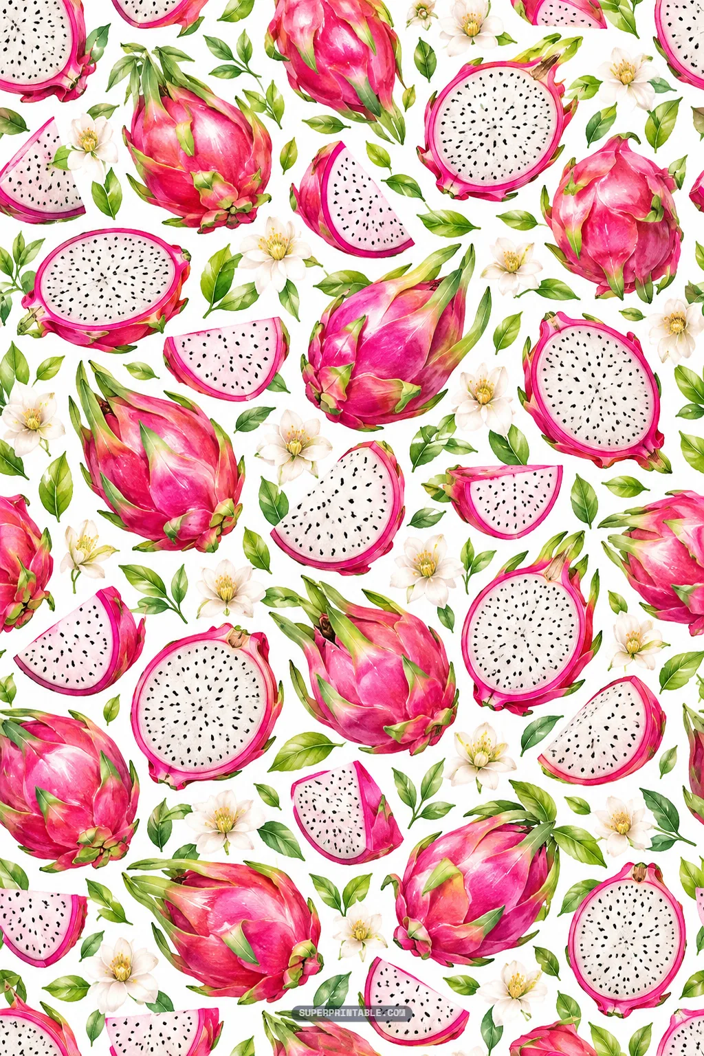 Botanical watercolor pattern featuring whole pink dragon fruit, cut round slices, and small blooms.