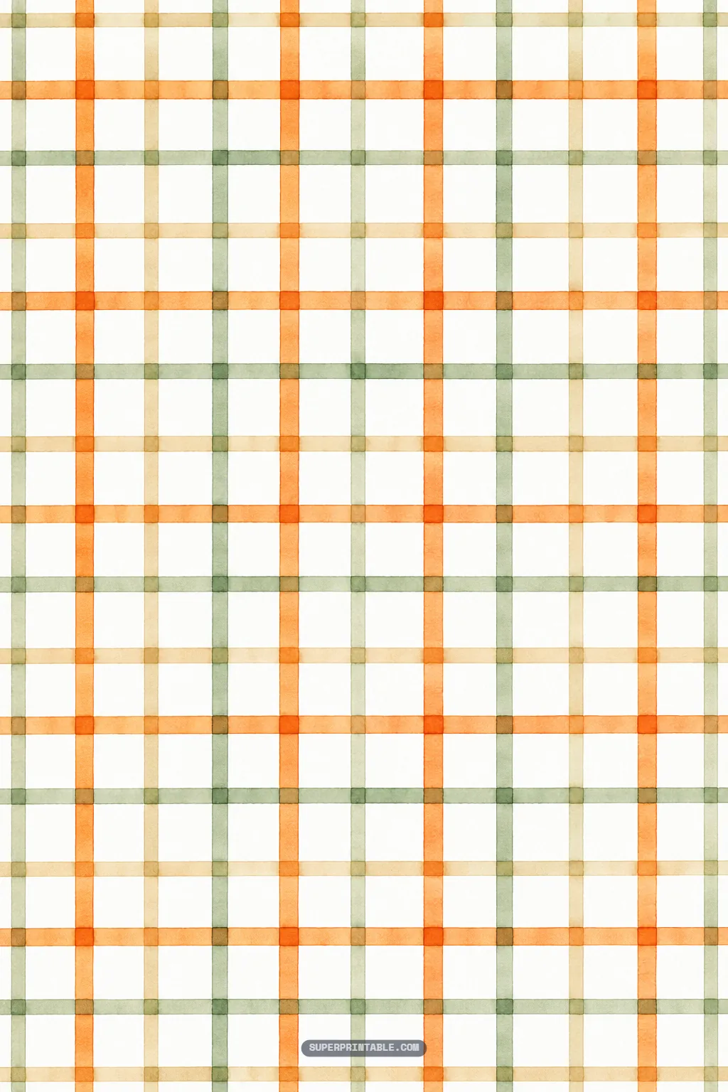 Wide windowpane watercolor plaid grid pattern painted in warm orange, soft olive sage, and ochre lines
