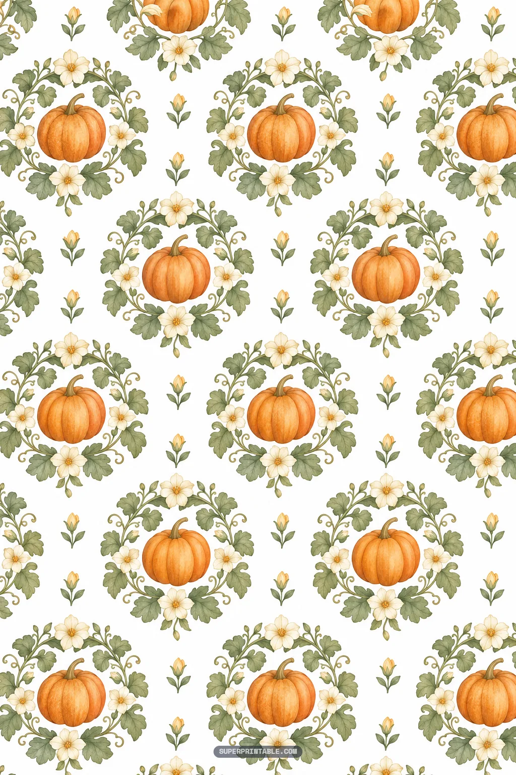 Pumpkin patch farmhouse digital paper showcasing watercolor pumpkins in delicate floral wreaths