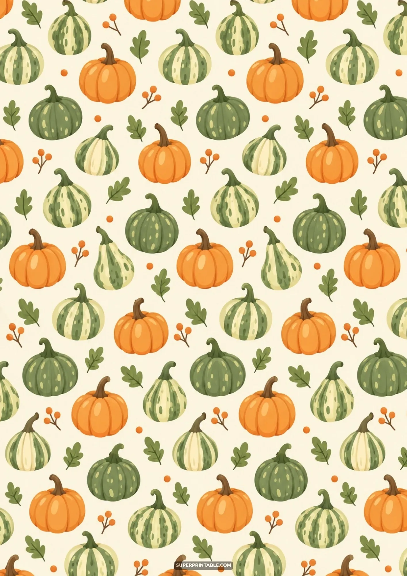 Round orange pumpkins, mottled green gourds, and autumn leaves tossed across a cream background.
