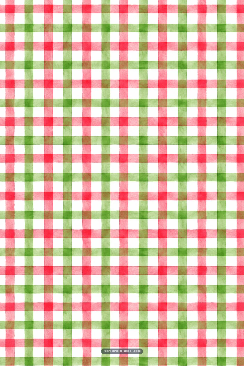 Classic watercolor gingham check pattern in translucent red and soft green painted brushstrokes.