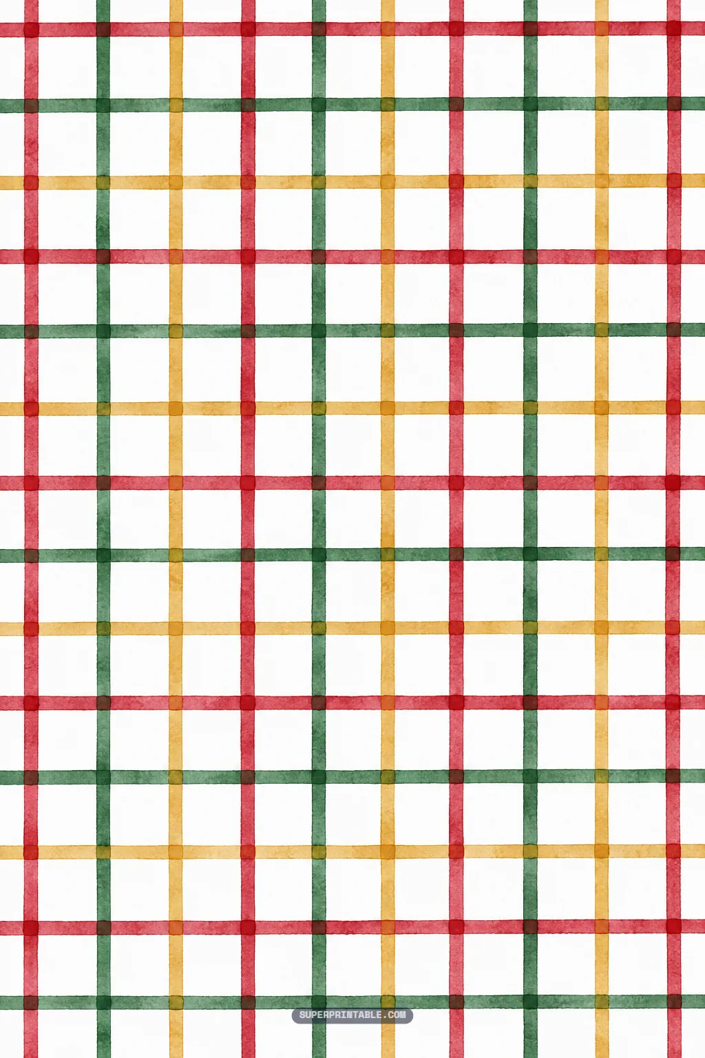 Simple red, olive green, and gold grid check pattern painted in watercolor style