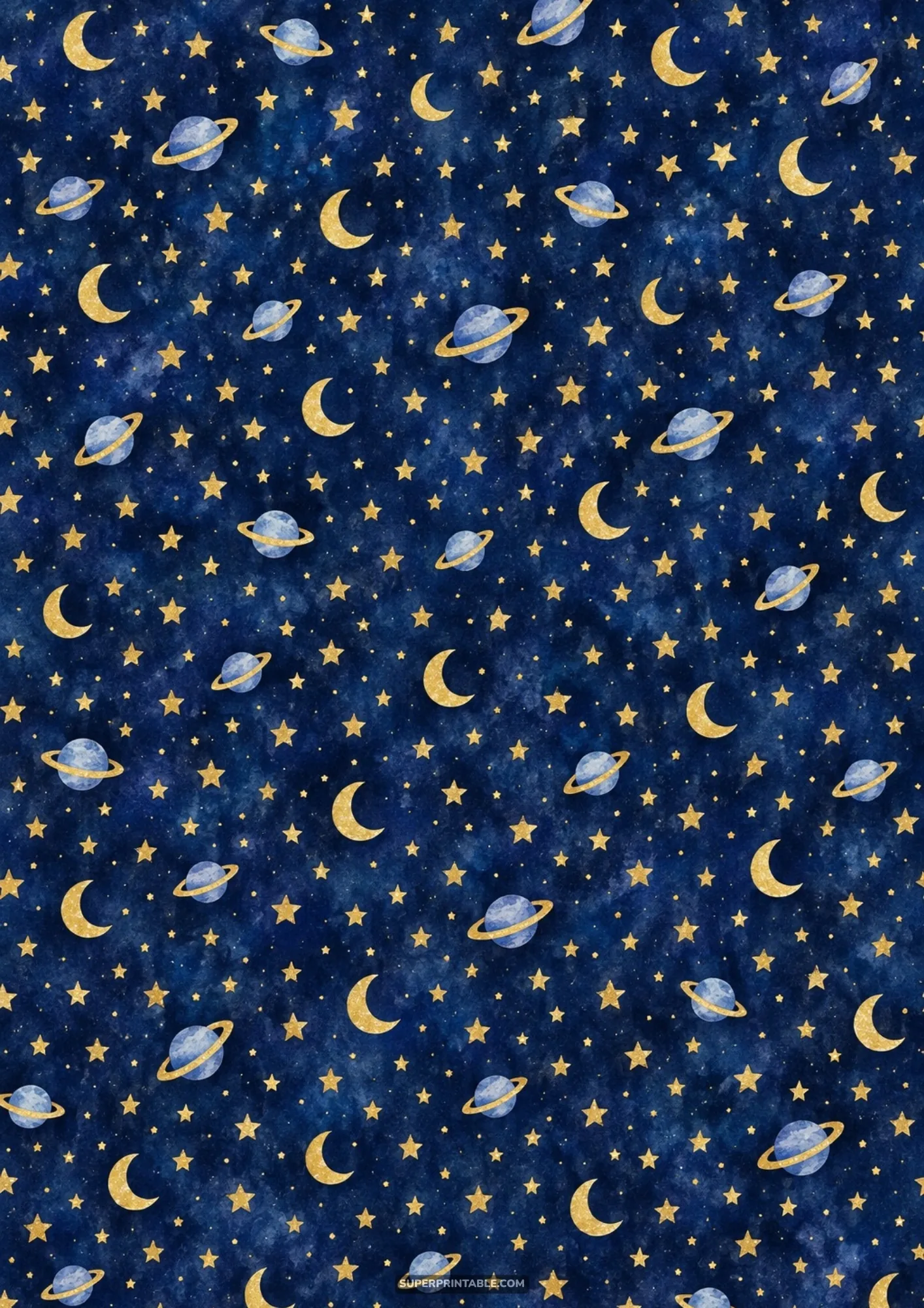 Charming watercolor ringed planets, golden crescent moons, and starlight motifs on deep navy paper