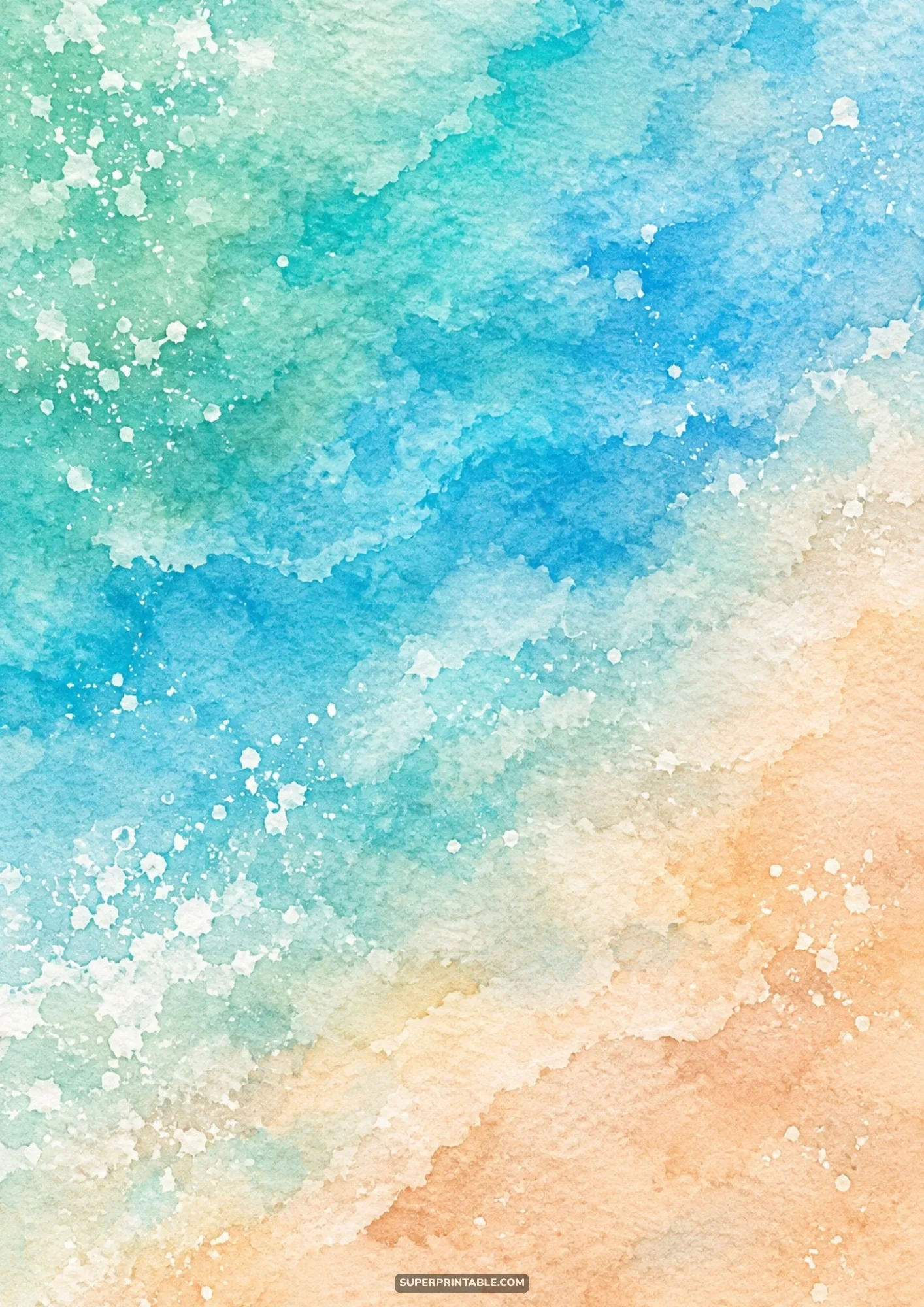 Abstract turquoise and sandy beige watercolor painting with sea foam splatters