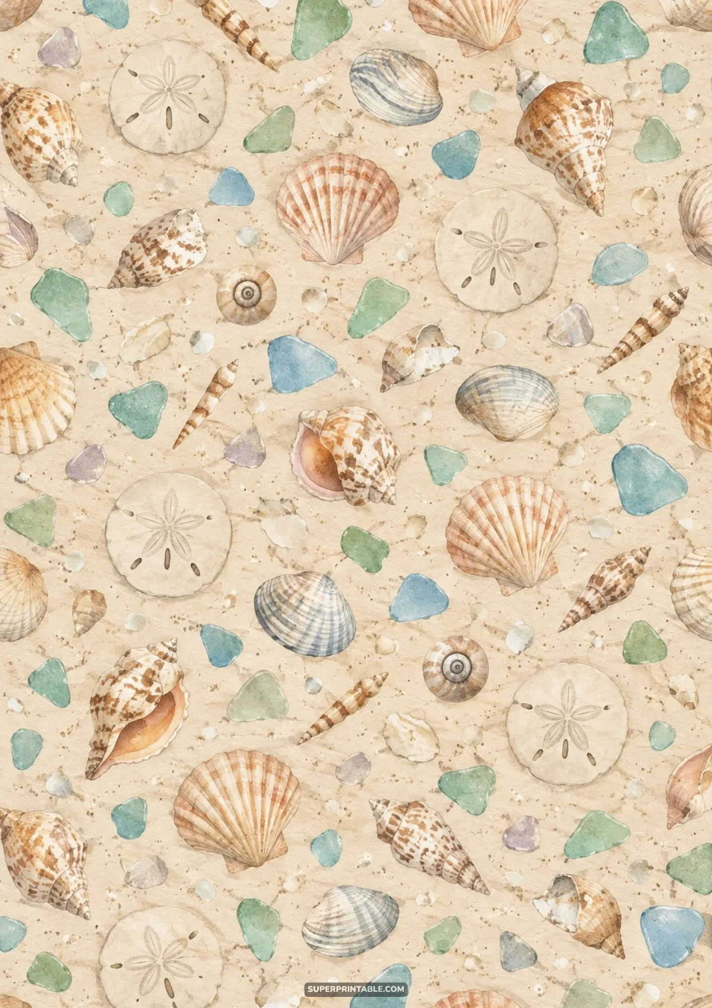 Watercolor seashells, sand dollars, and frosted sea glass on sandy background
