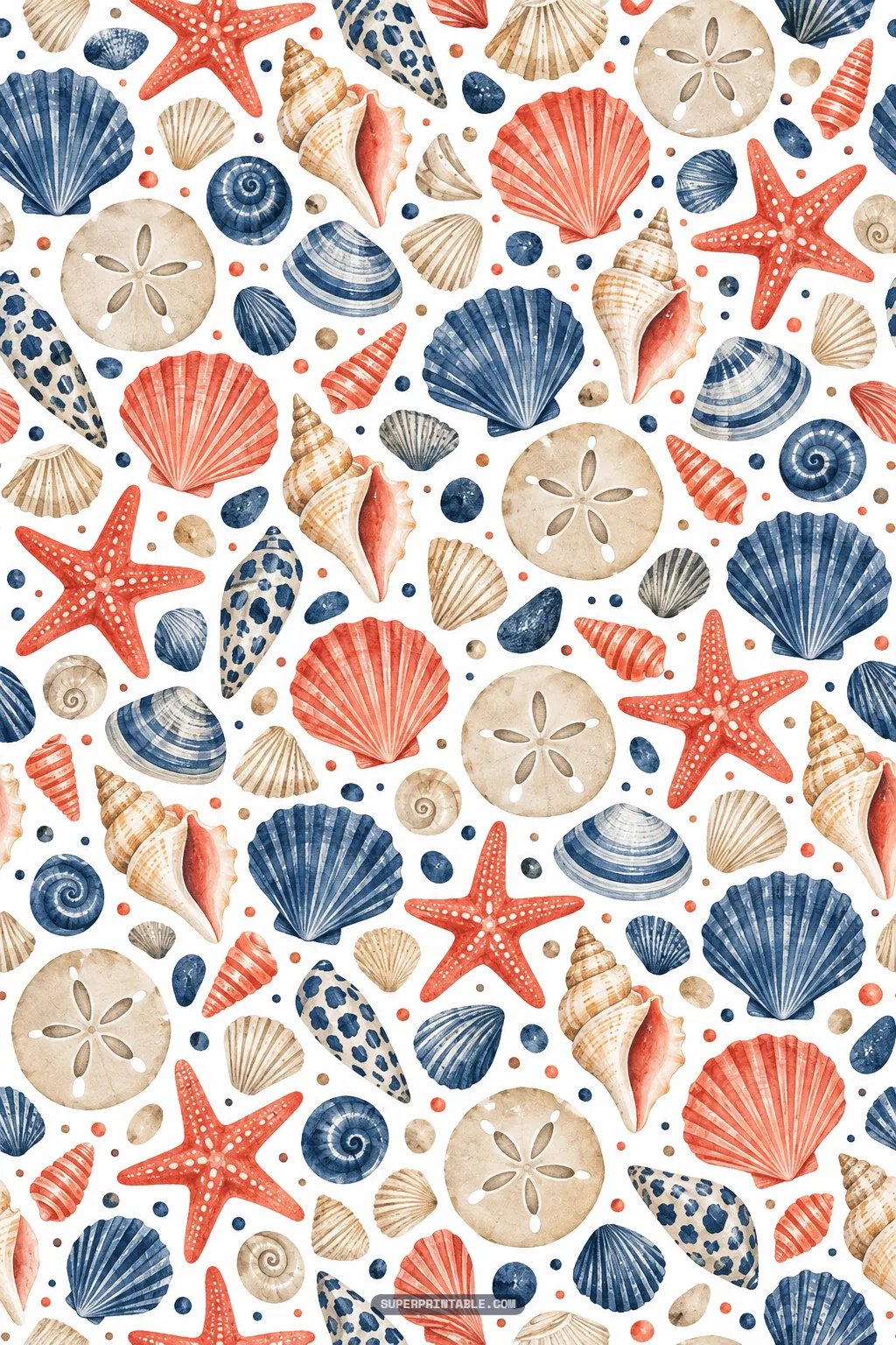 Assorted coastal seashells starfish and sand dollars in coral red beige and ocean blue tones