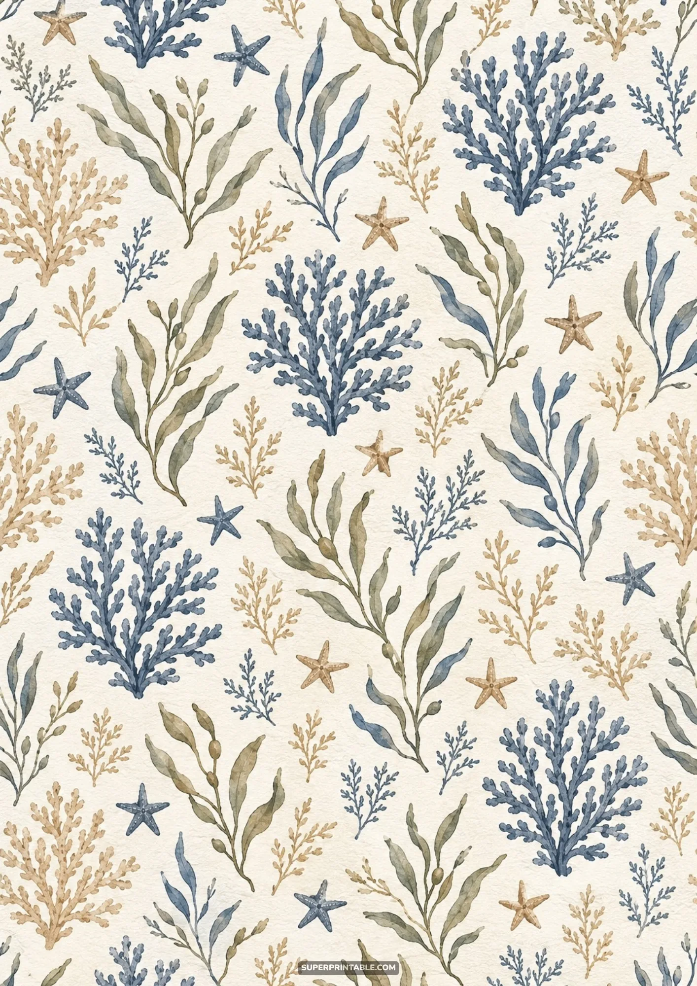 Seamless watercolor pattern with navy coral branches, kelp seaweed, and beige starfish