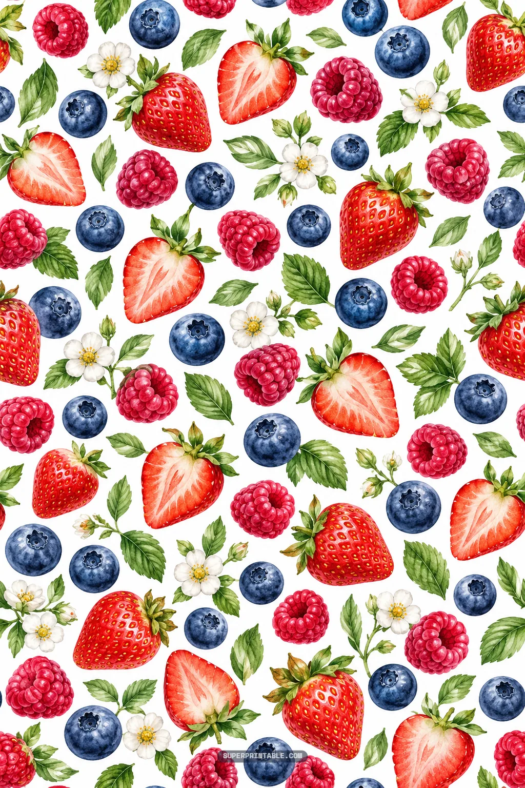 Juicy halved strawberries, plump blueberries, raspberries, and white blossoms in a watercolor scatter.