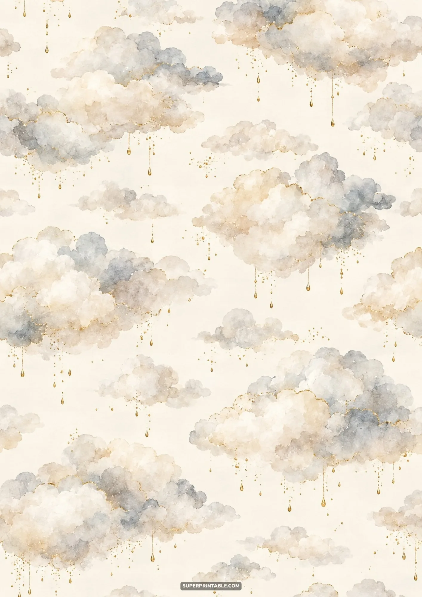 Seamless watercolor pattern of neutral storm clouds with shimmering golden rain drops