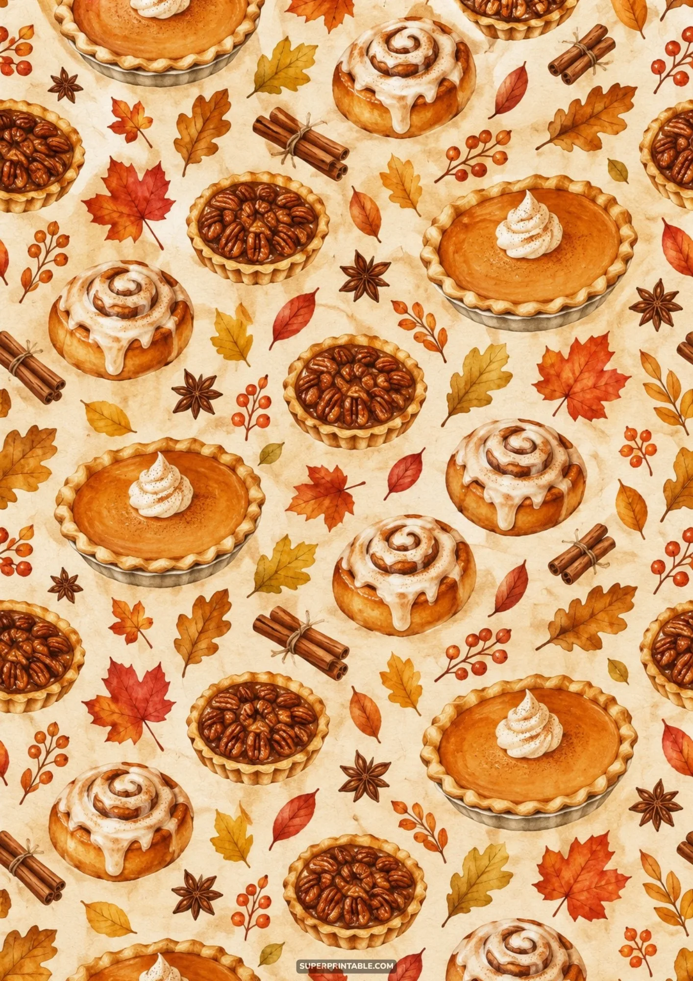 Seamless autumn pattern of watercolor pumpkin pies, pecan tarts, cinnamon rolls, and maple foliage
