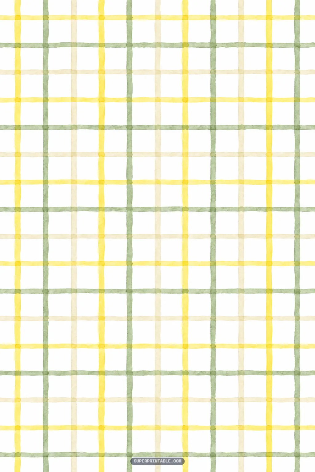 Open windowpane plaid pattern painted in watercolor lines of sage green, lemon yellow, and cream
