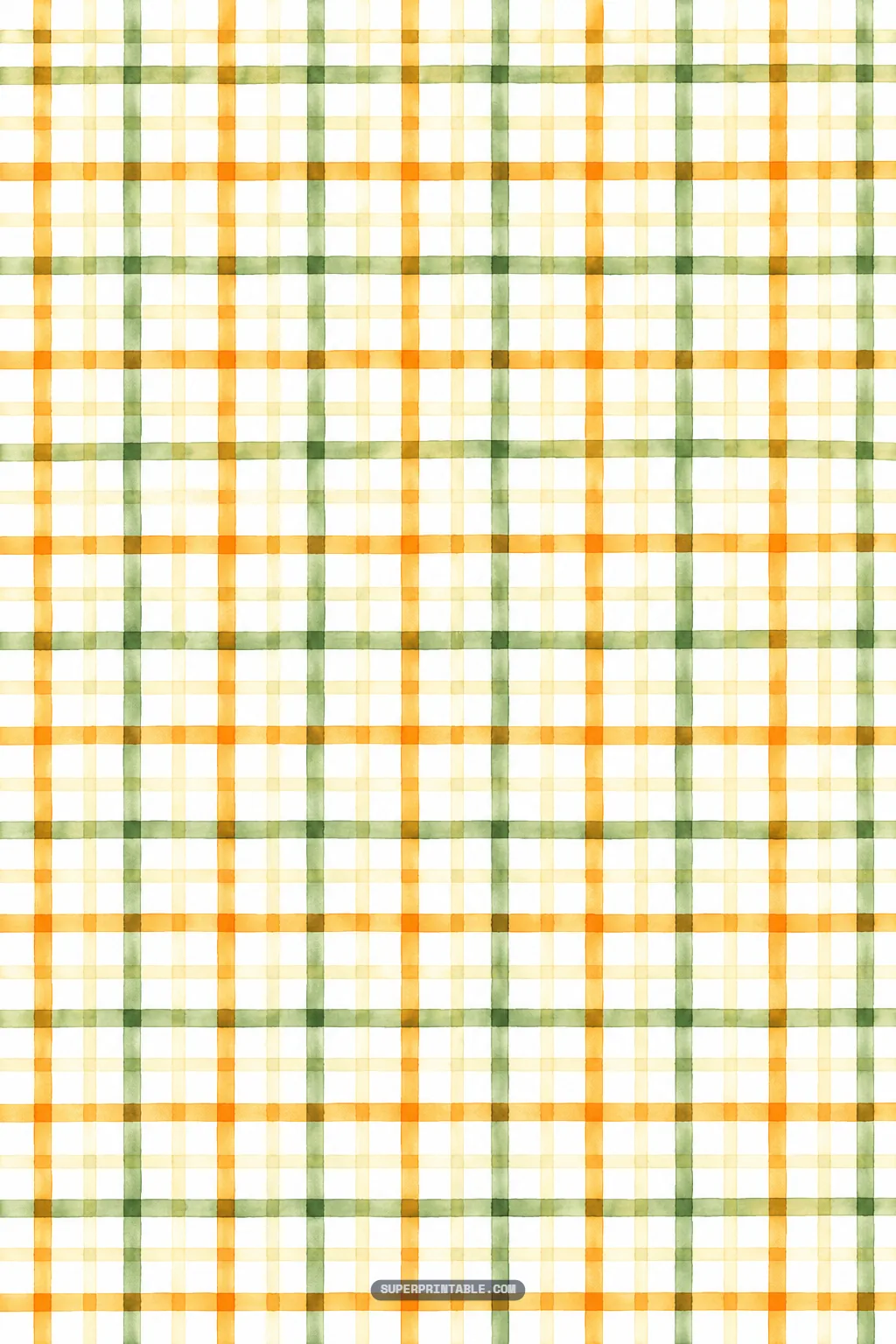 Light watercolor windowpane plaid pattern composed of intersecting orange, butter yellow, and sage green stripes.
