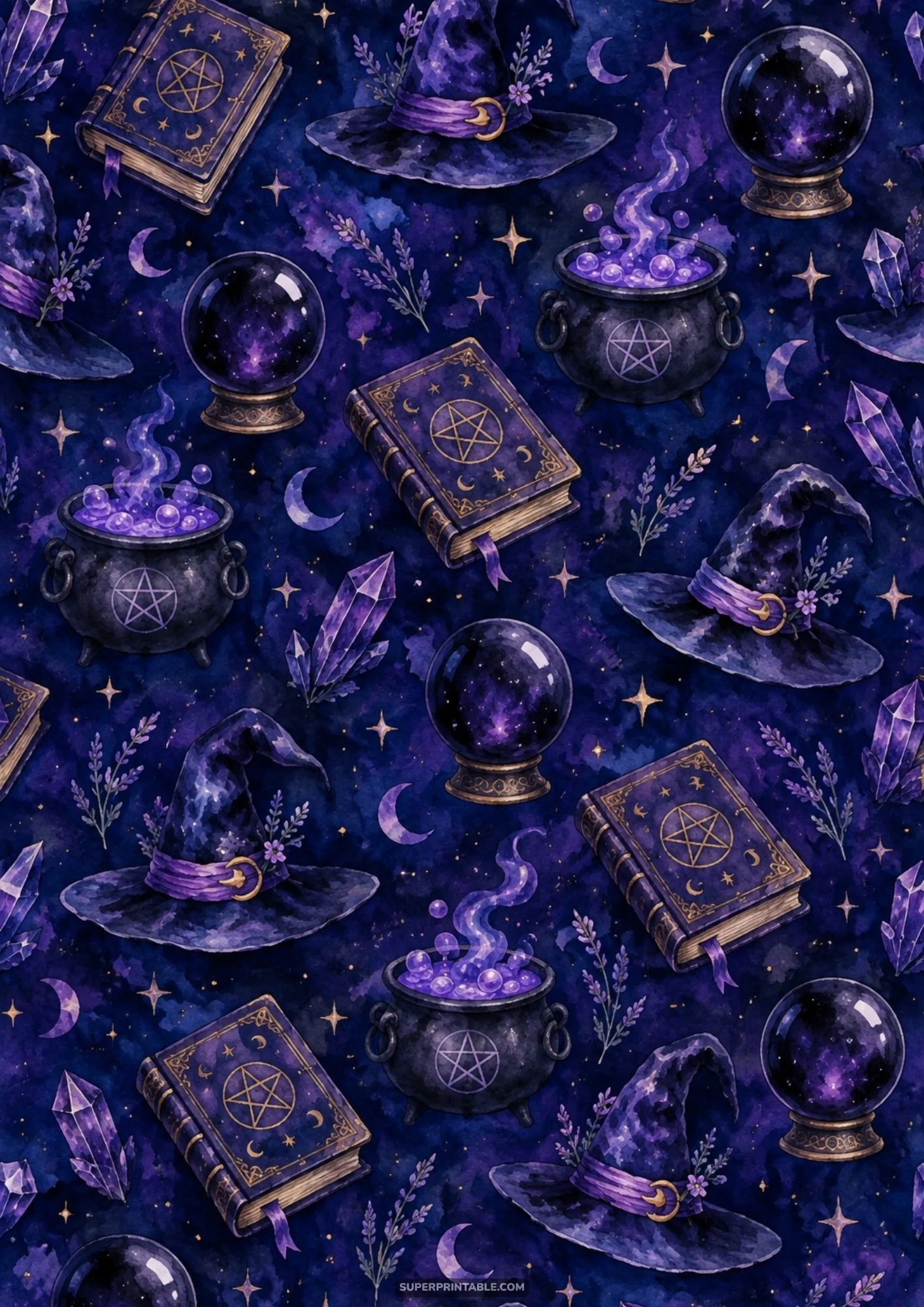Seamless deep purple watercolor pattern with magic spellbooks, pointed witch hats, bubbling cauldrons, and crystals