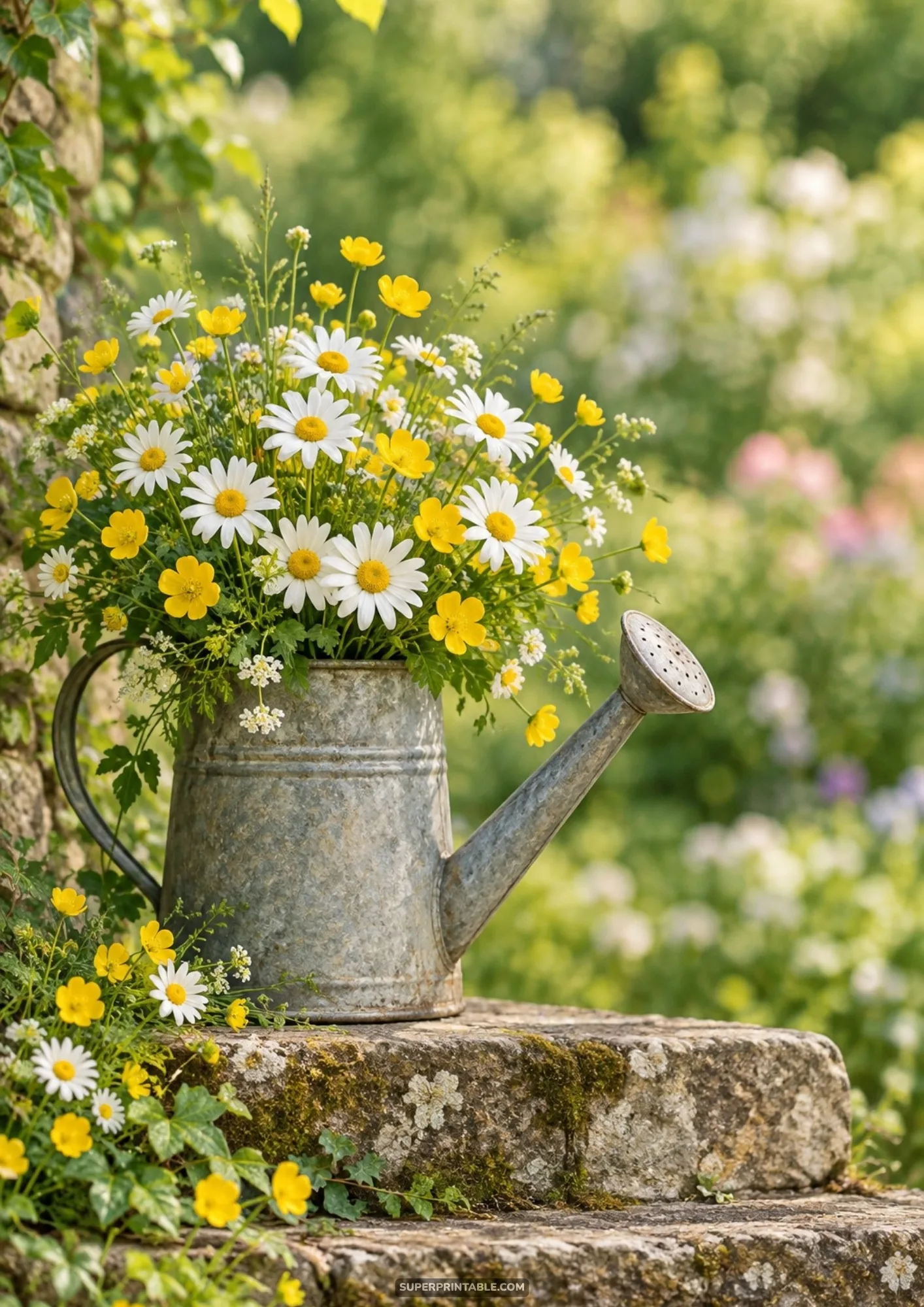 Galvanized watering can filled with daisies and buttercups for easter spring digital backgrounds