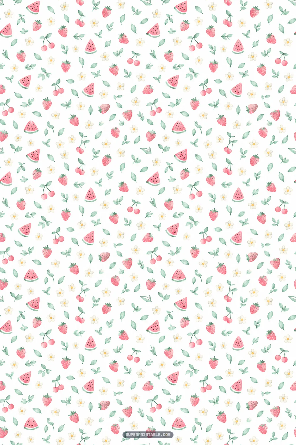 Seamless small-scale summer fruit pattern with tiny watermelons, strawberries, and cherries
