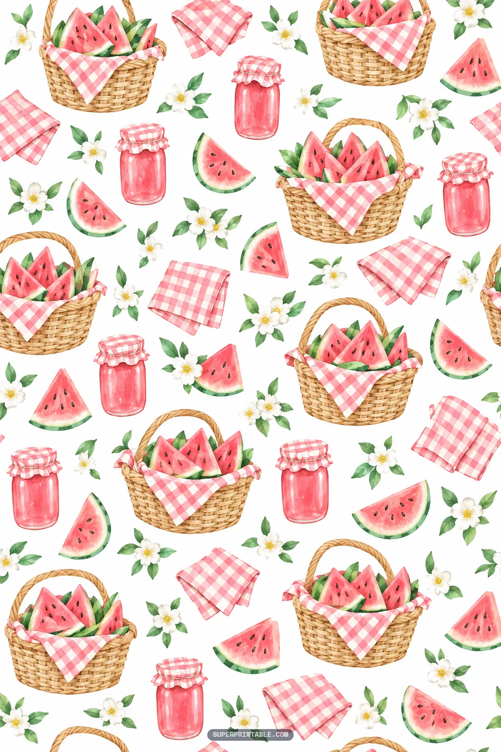 Wicker picnic baskets filled with watermelon wedges, pink gingham napkins, and sweet jam jars