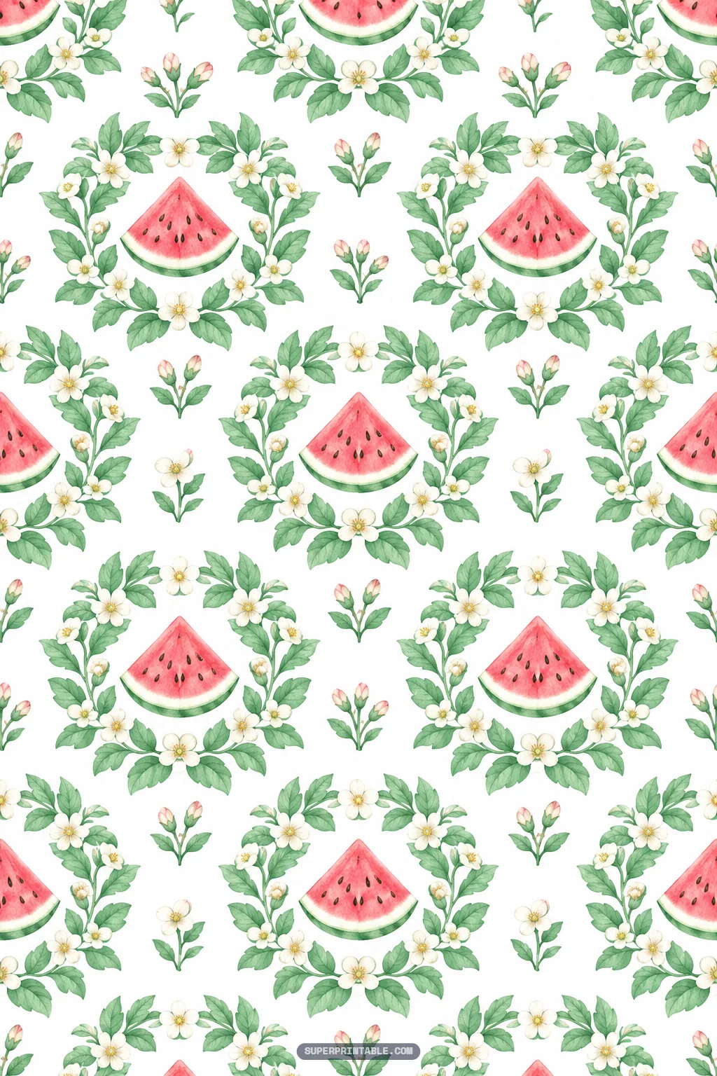 Watercolor watermelon slices framed by leafy floral wreaths on watermelon summer digital paper