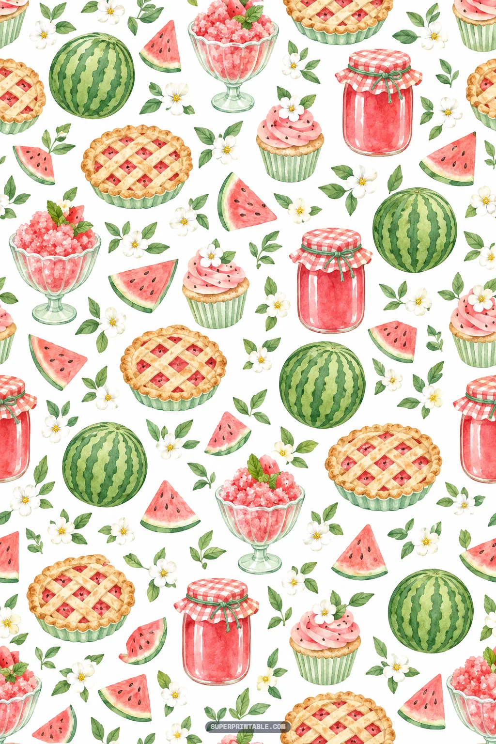 Delicious watermelon treats with lattice pies, cupcakes, and jam on watermelon summer digital paper