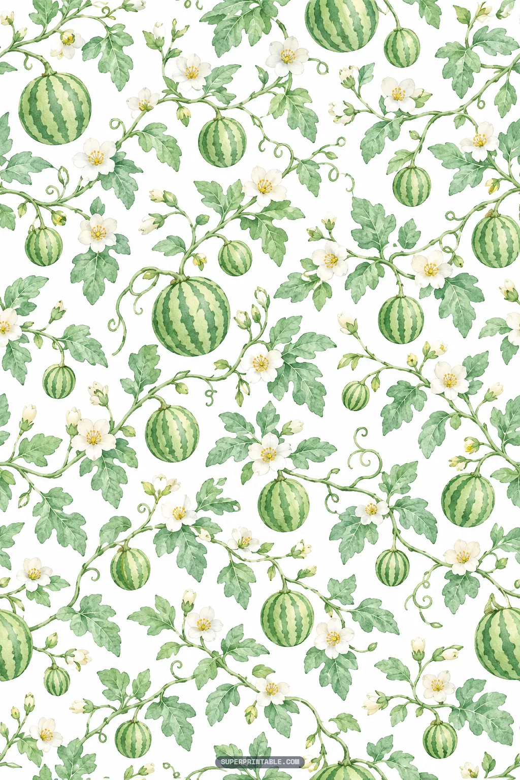 Botanical watercolor watermelon vine pattern with growing striped melons, leaves, and flowers