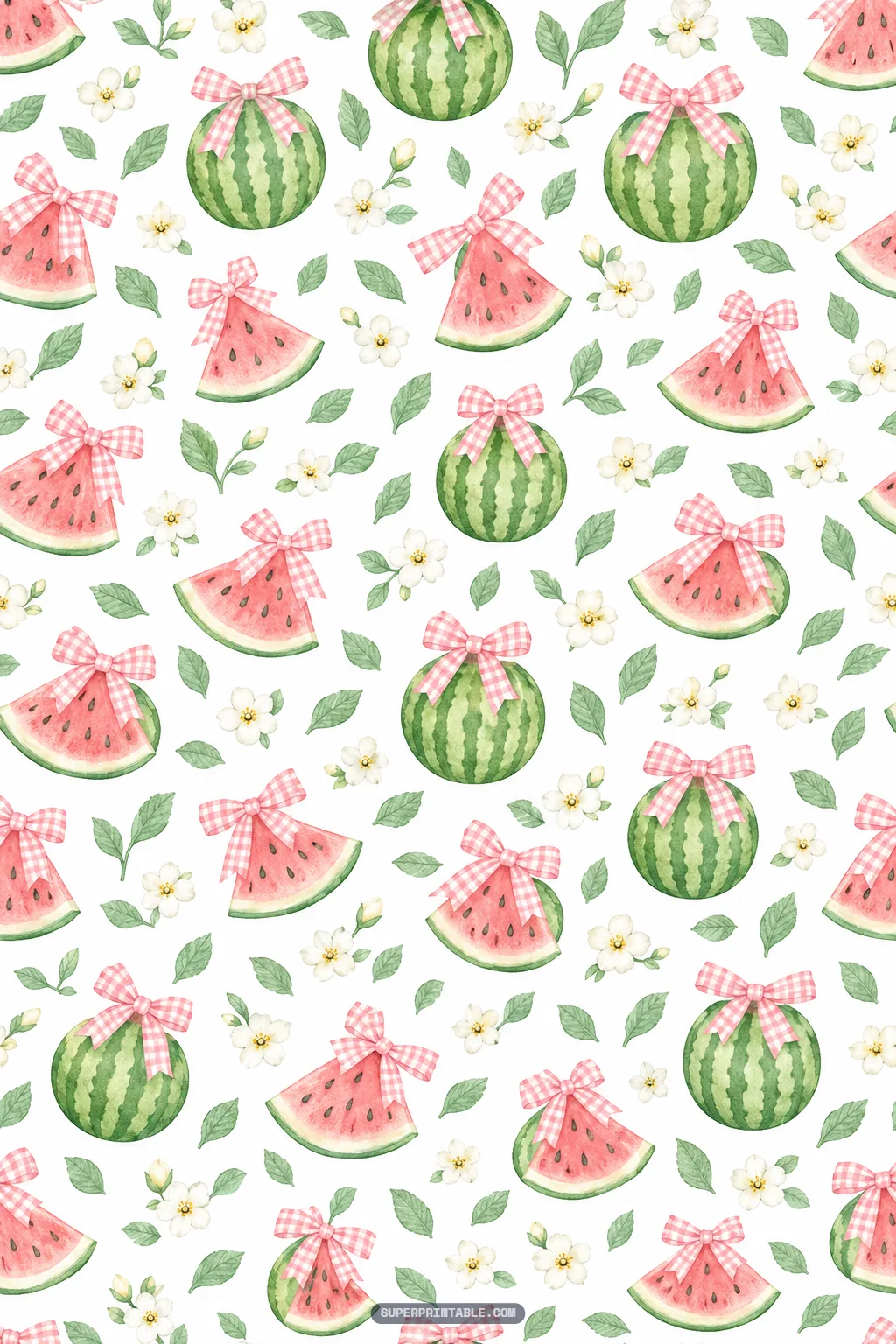 Charming whole watermelons and slices tied with pink gingham bows, leaves, and white flowers