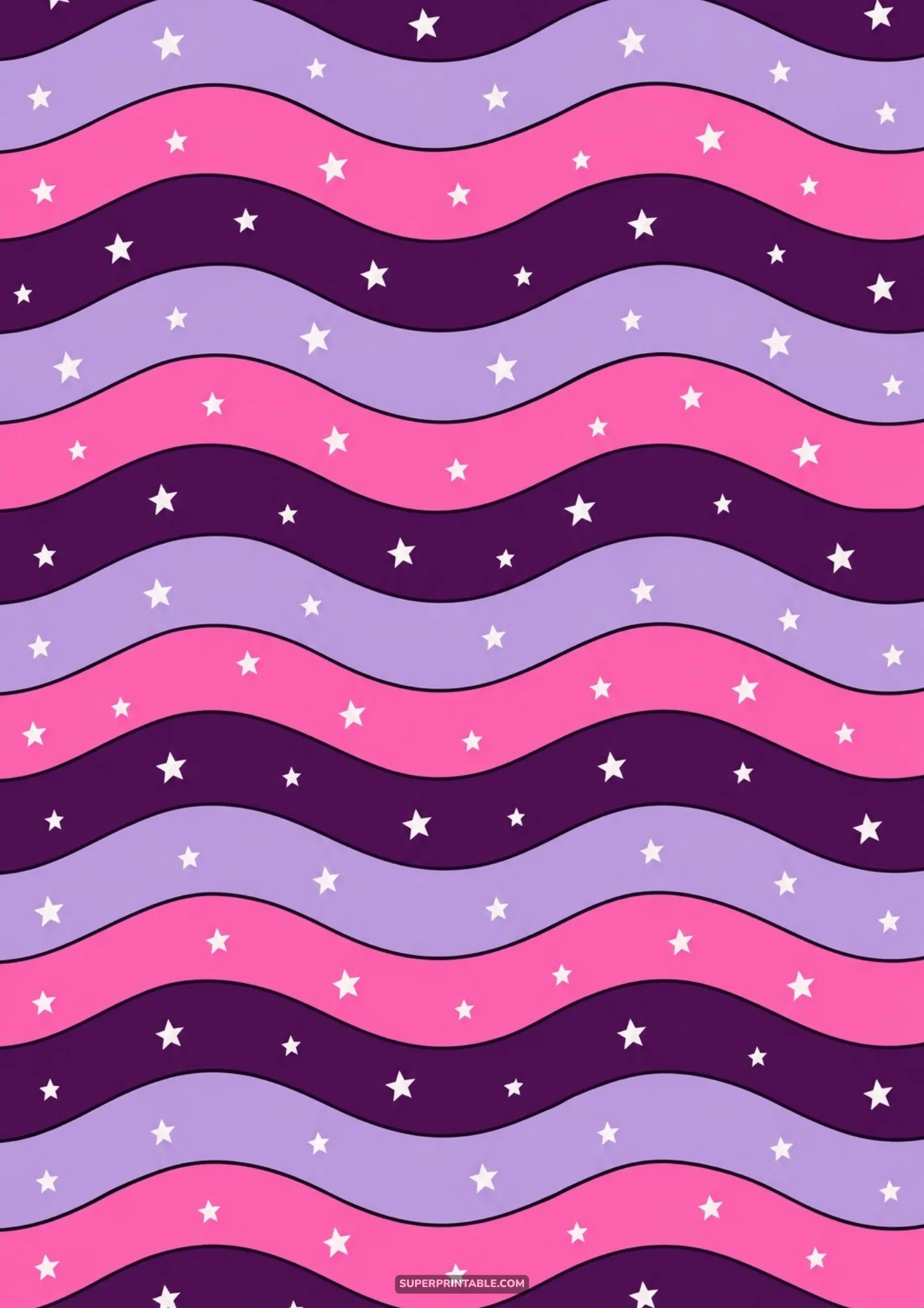 Groovy undulating horizontal waves in violet, lavender, and pink sprinkled with small white stars.