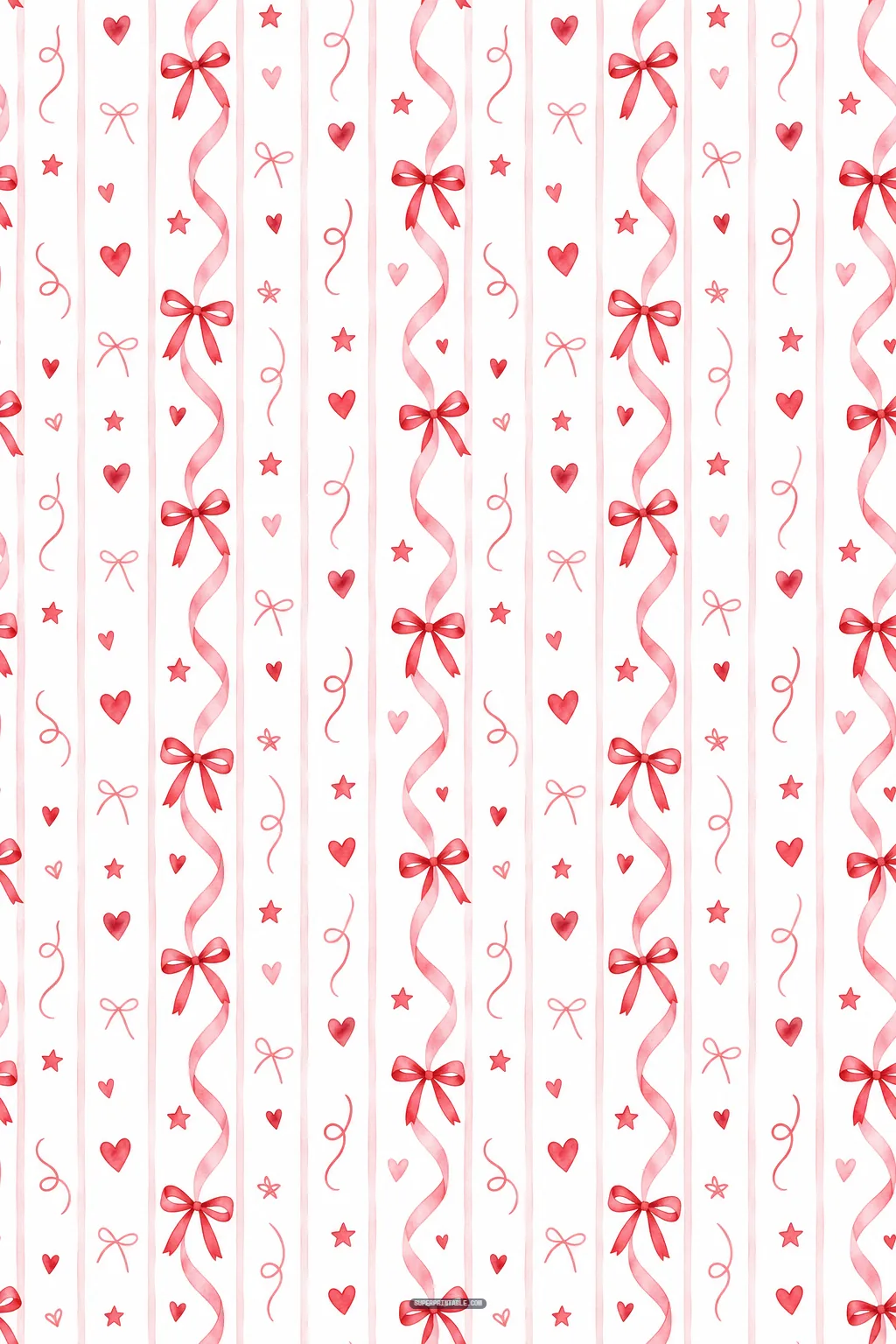 Vertical trailing ribbon streamers, red bows, hearts, and star illustrations