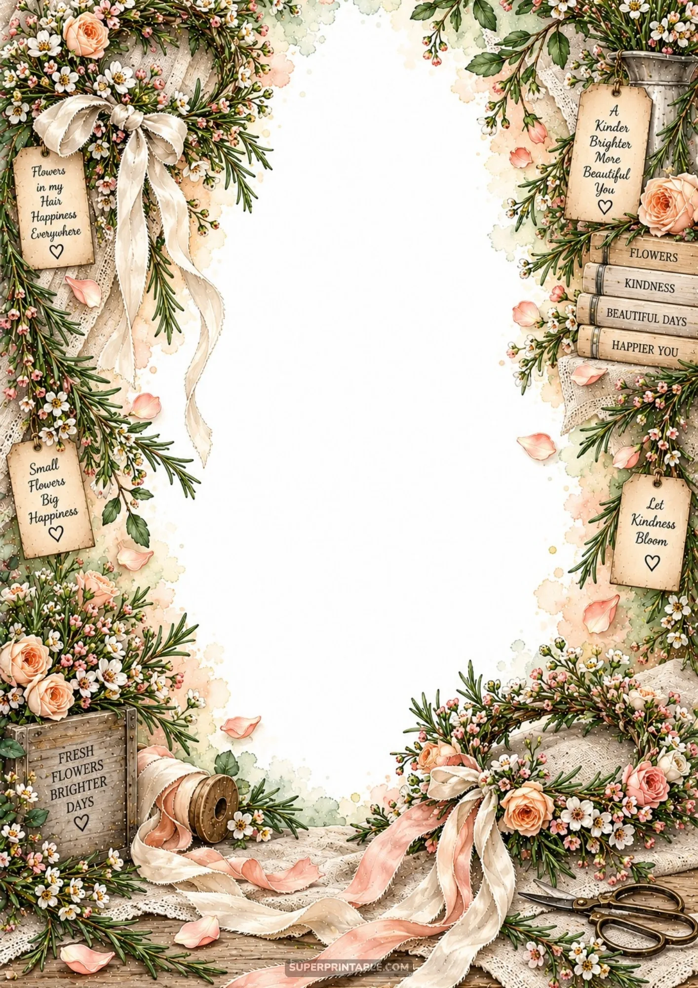 Dainty floral crown of blush roses, rosemary sprigs, and flowing ribbon streamers on textured linen