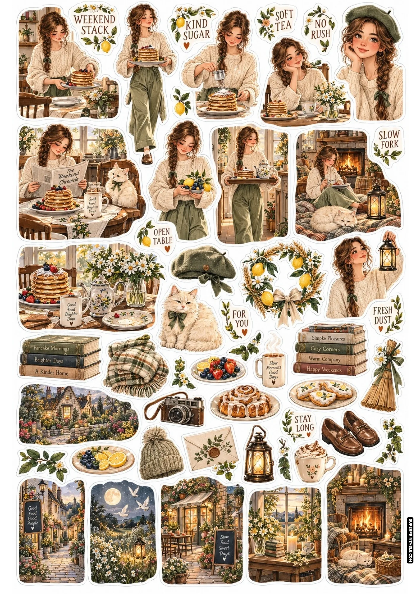 Weekend breakfast stickers illustrating powdered sugar pancake dusting, lemon wreaths, side braids, and cozy hearth fires