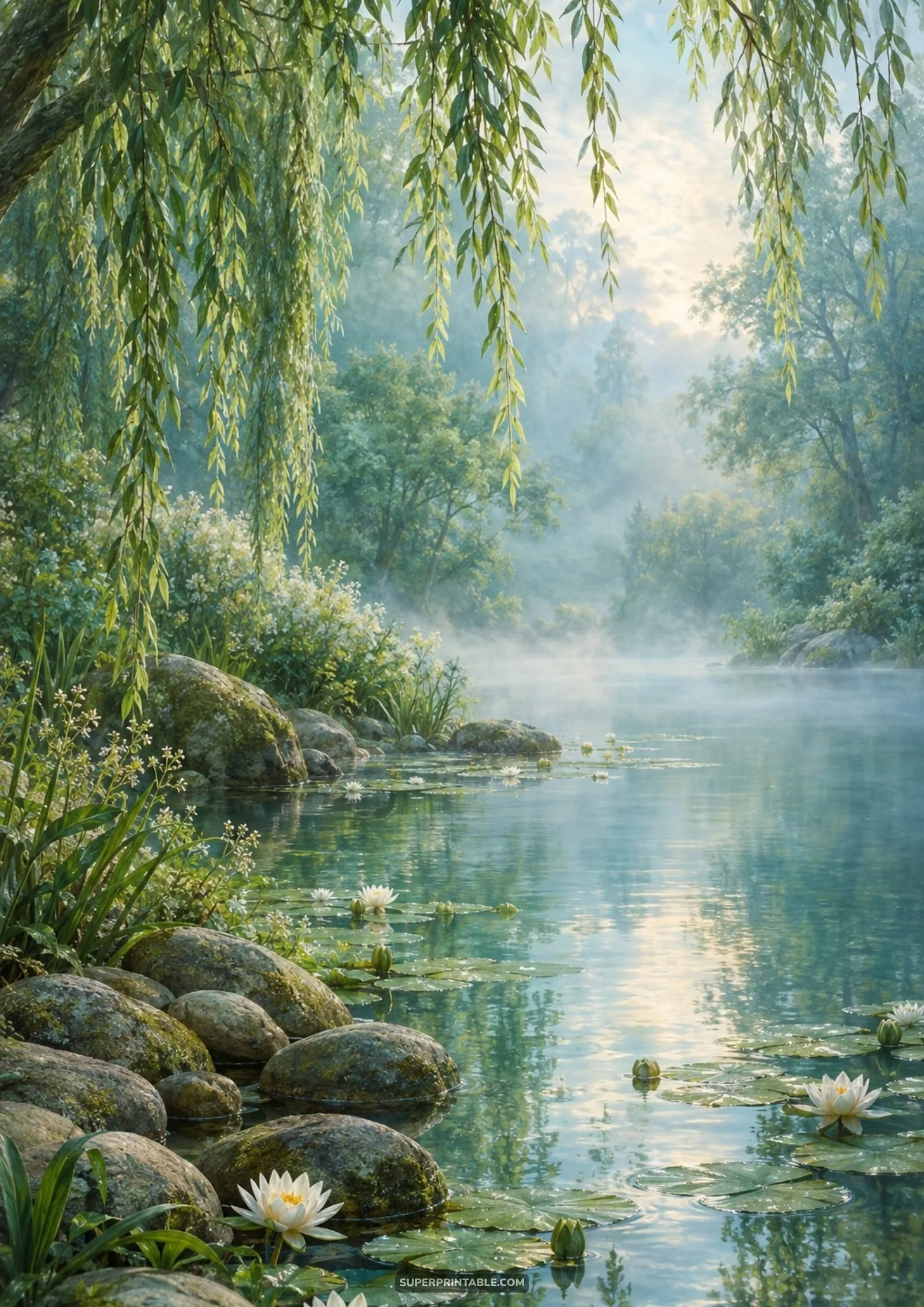 Calm woodland lake mirroring weeping willow branches and floating white water lilies in morning mist