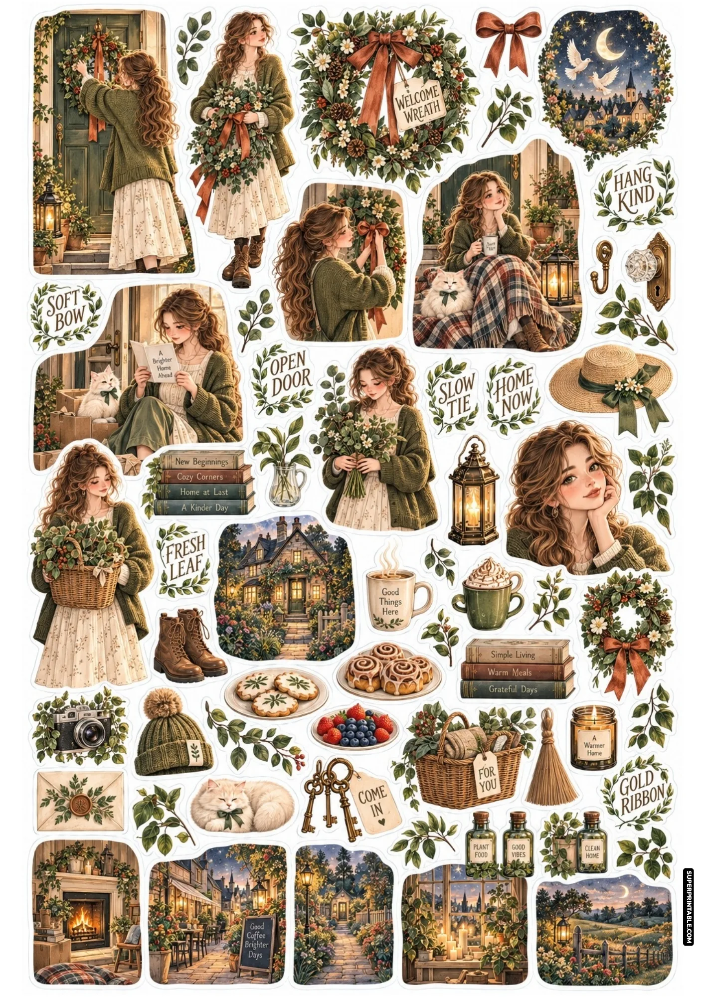 Door wreath decorating designs from new home sticker sheets featuring cozy cottage and porch details
