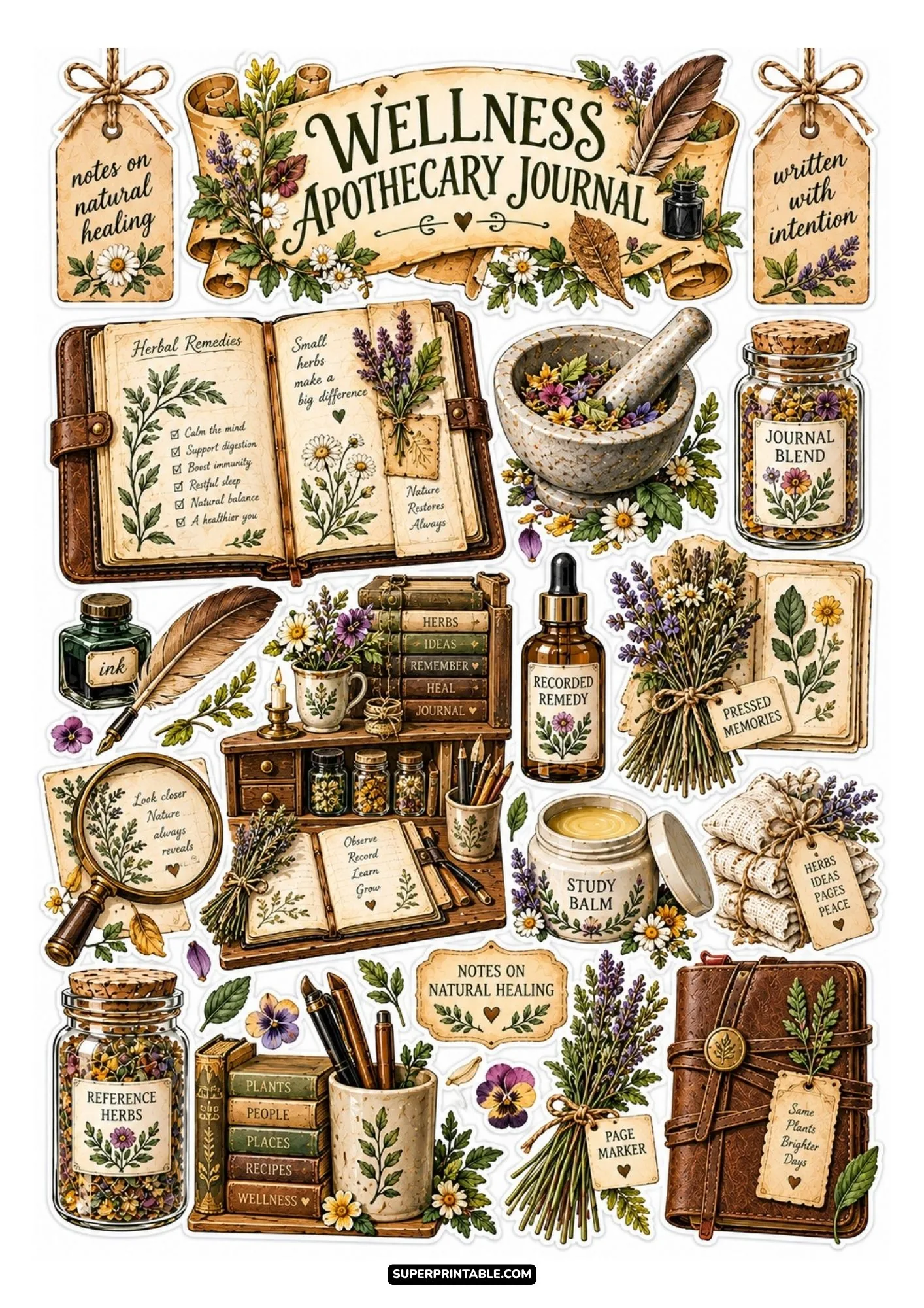 Wellness apothecary journal sticker sheet with leather notebooks, quills, and desk drawer.