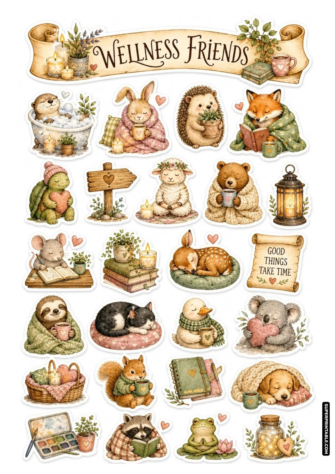 Wellness friends sticker sheet featuring meditating sheep, sleeping sloth, and cozy fox.