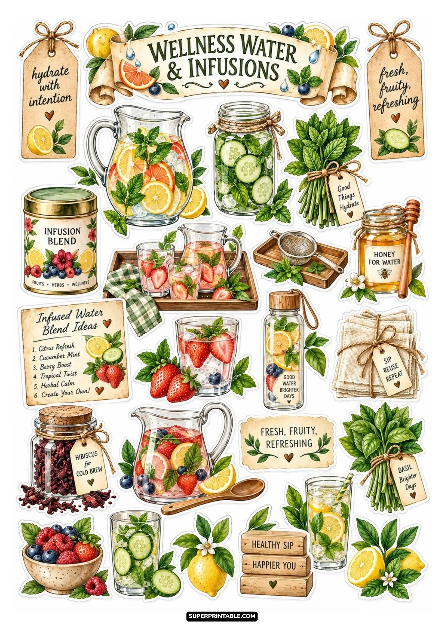 Wellness water and infusion sticker sheet with fruit pitchers, cucumber jars, and fresh herb illustrations.