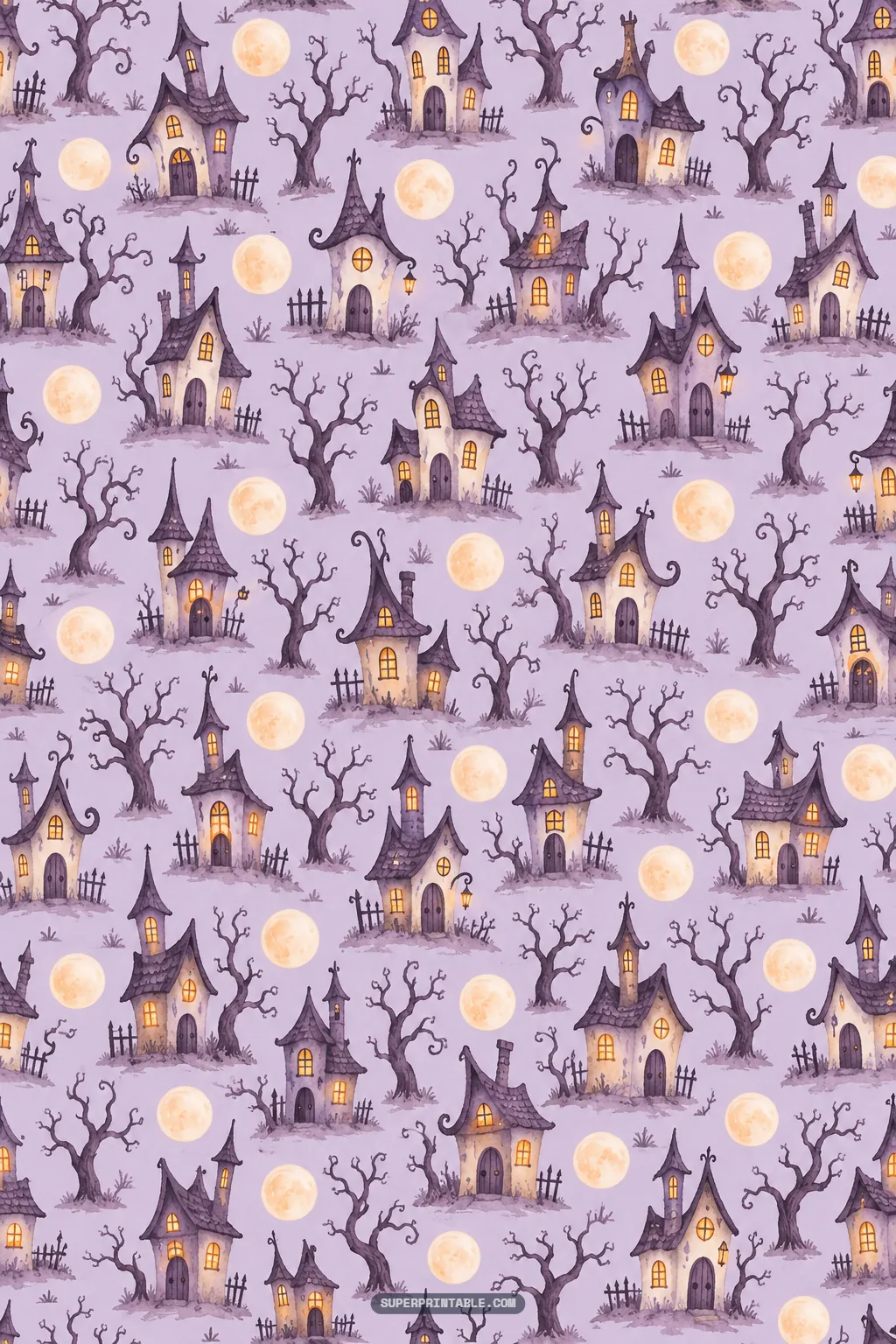 Spooky crooked haunted houses with glowing windows and bare gnarled trees under harvest moons